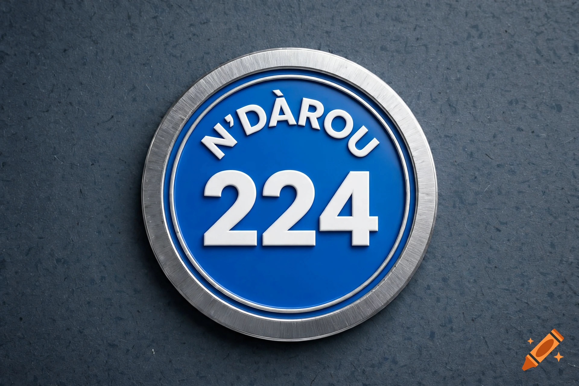 A circular blue and silver 3D badge with the text N'DÀROU 224 on a dark textured background.
