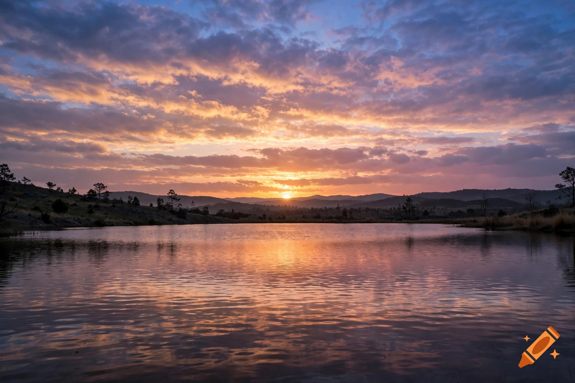 Photorealistic landscape of a calm lake reflecting a vibrant sunset with pink and orange clouds over distant hills.