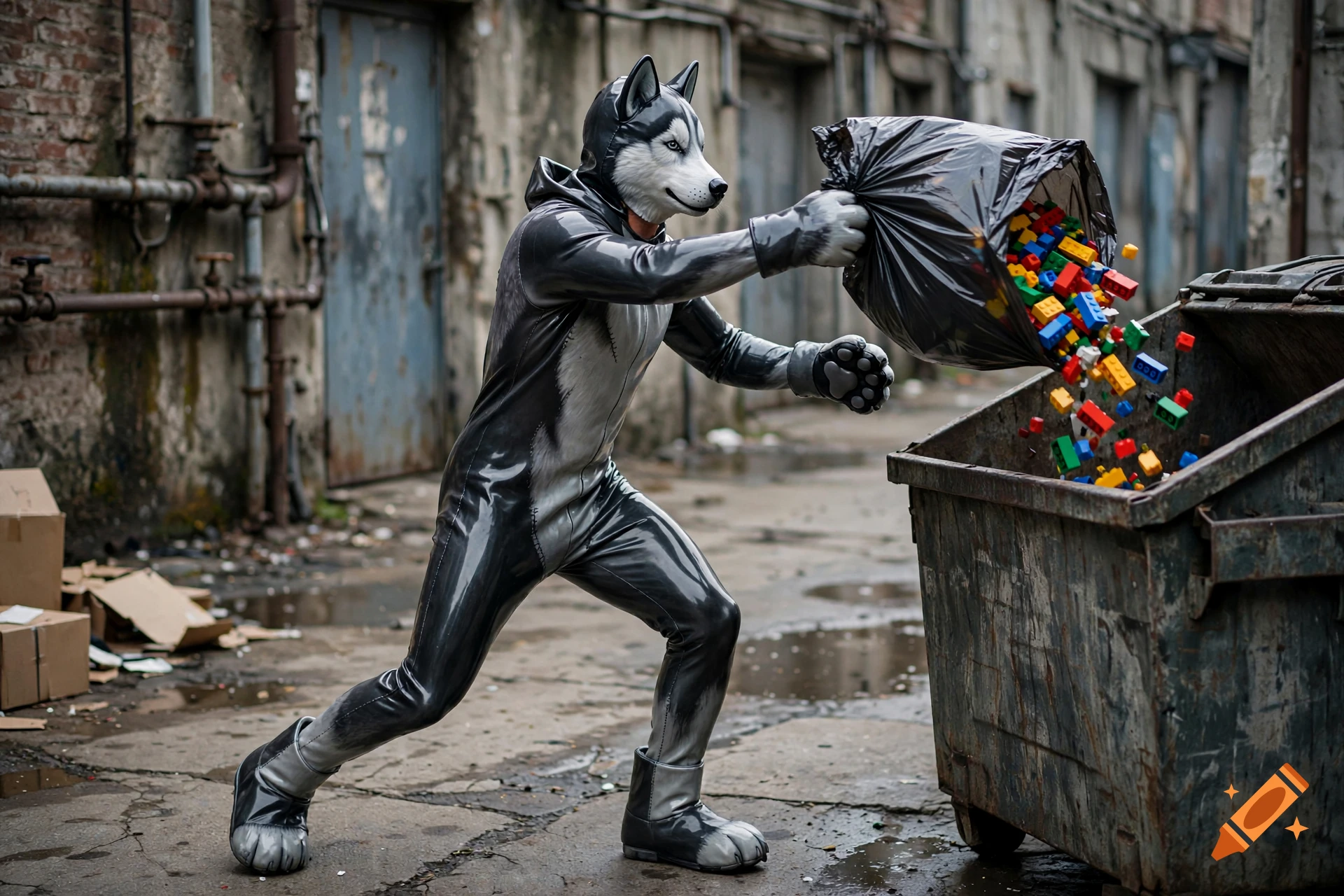 A person in a shiny latex husky costume tossing a bag of colorful Lego bricks into a dumpster in a gritty alleyway, photorealistic.