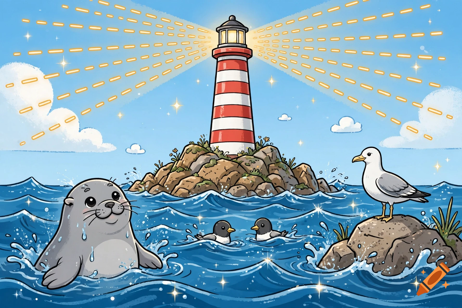 Cartoon illustration of a red and white striped lighthouse on a rocky island with a seal, birds, and a seagull in the sea.