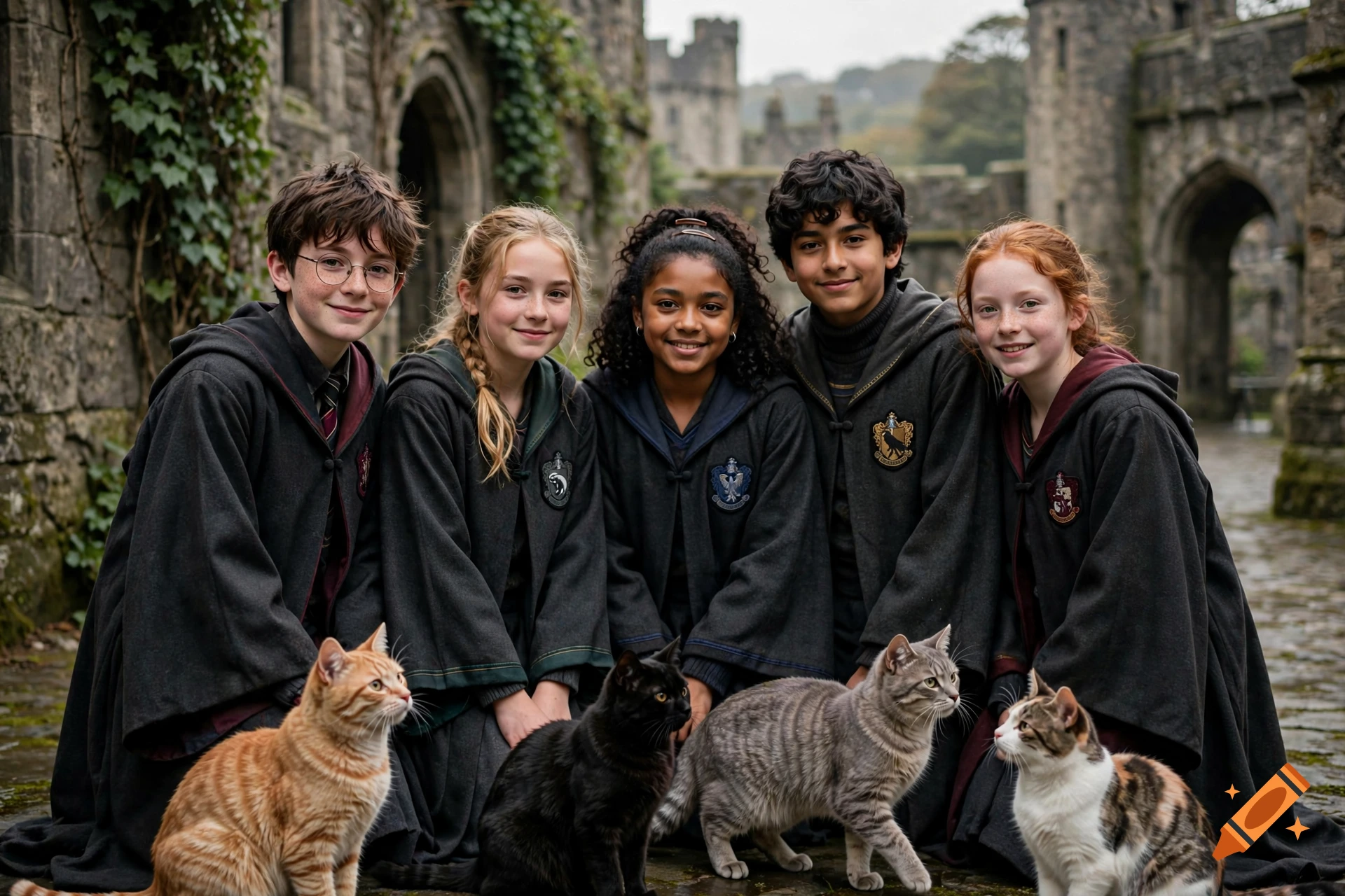Five children in wizard robes pose with various cats in front of a stone castle.