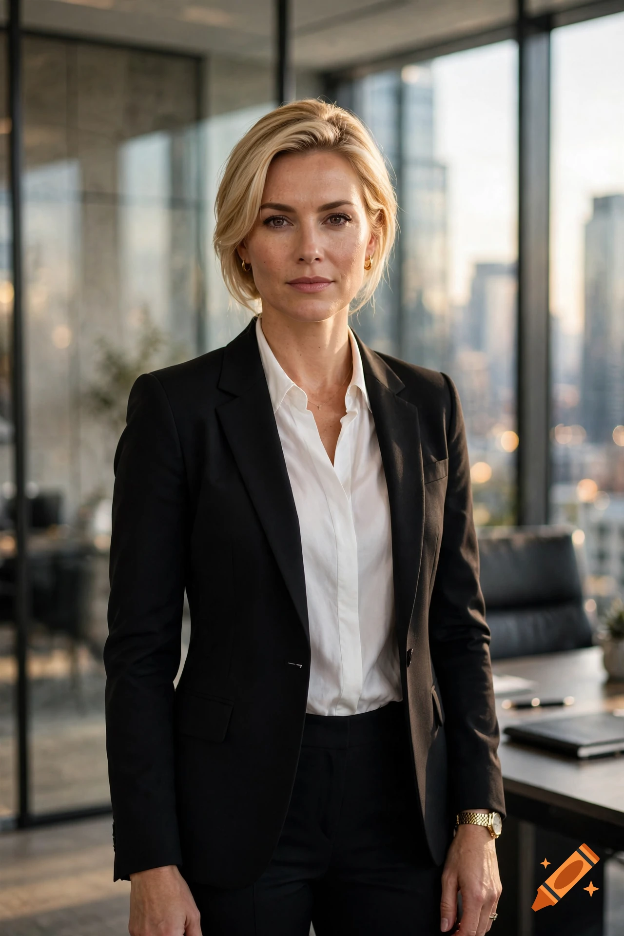 Photorealistic portrait of a blonde woman in a black suit in a modern office.