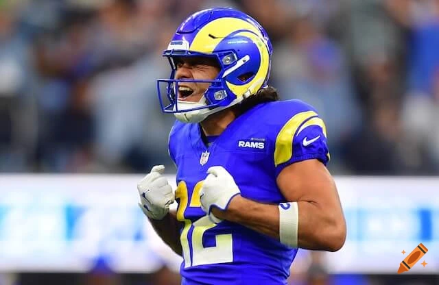 Close-up action shot of a professional American football player in a blue and yellow jersey celebrating excitedly.