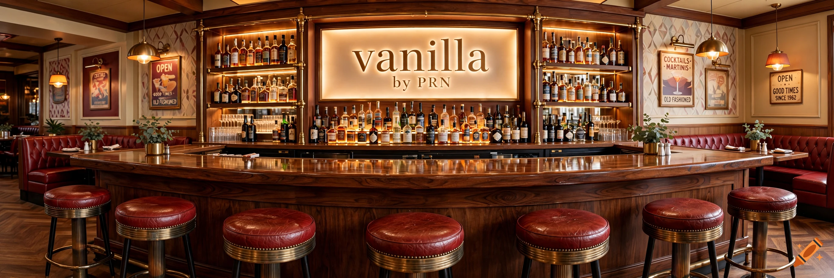 Photorealistic American-style bar interior with a wooden counter, red leather bar stools, and a glowing sign reading 'vanilla by PRN'.