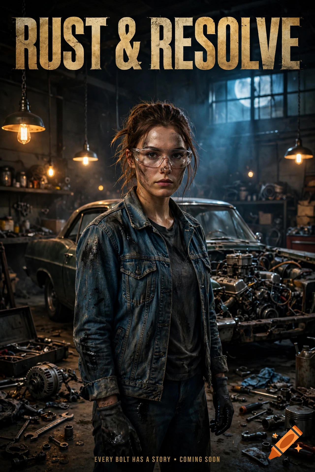 Photorealistic movie poster of a young female mechanic in a dirty garage with a classic car, title reads RUST & RESOLVE.