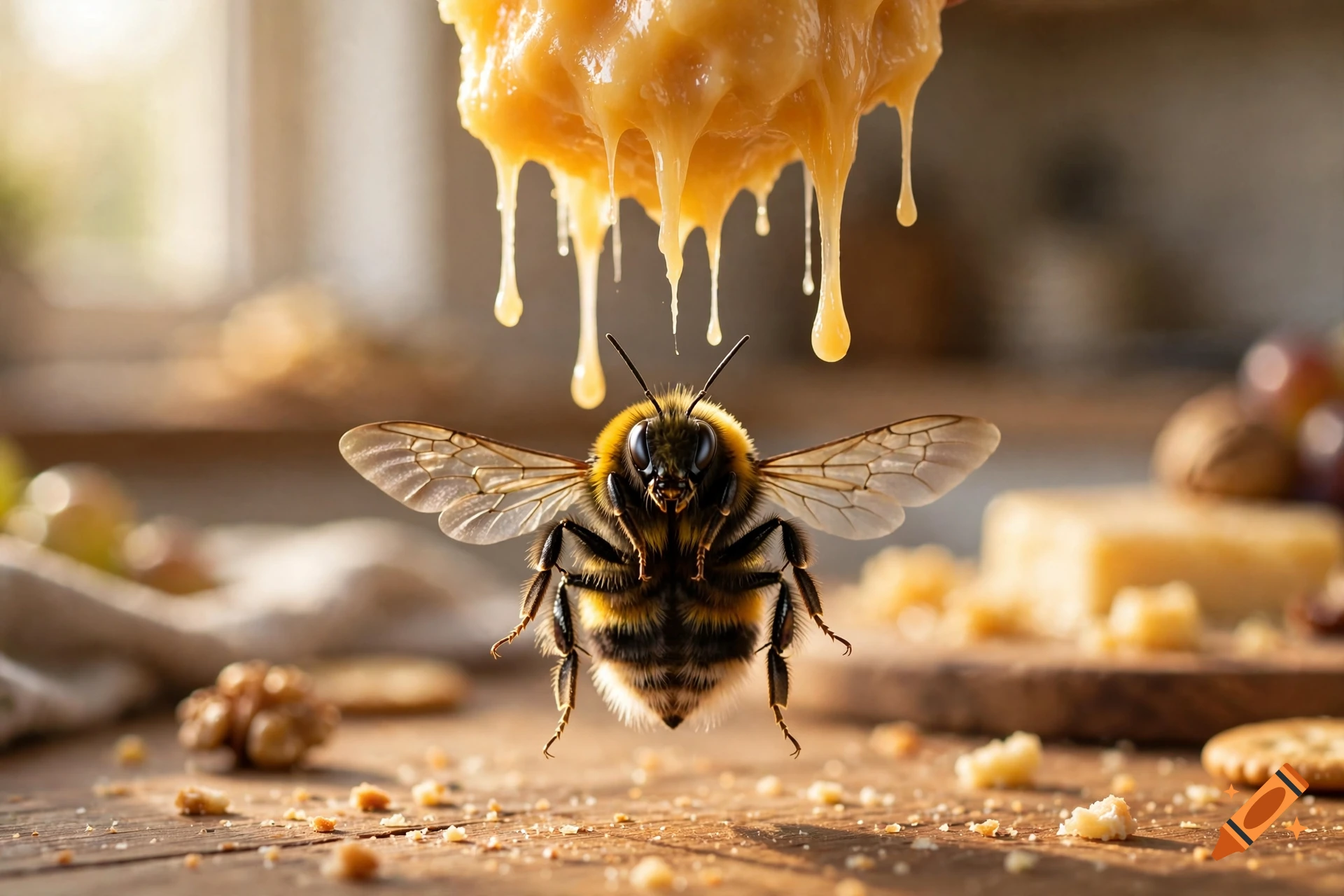 Close-up photorealistic image of a bumblebee suspended in the air with melting cheese dripping onto its head from above, set on a rustic wooden table with crackers and nuts.