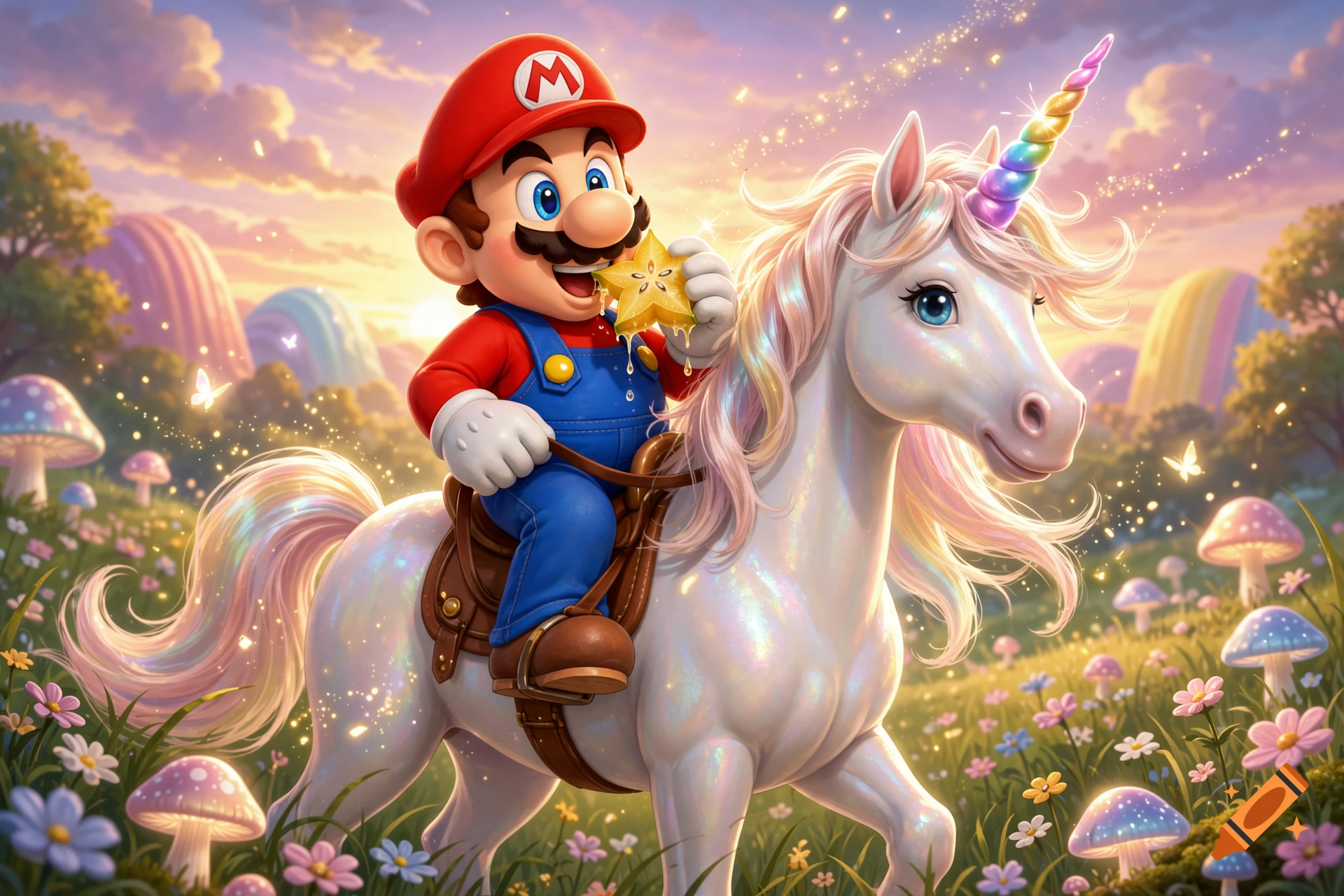 Mario riding a white unicorn in a magical fantasy landscape while eating a star fruit, digital art style.