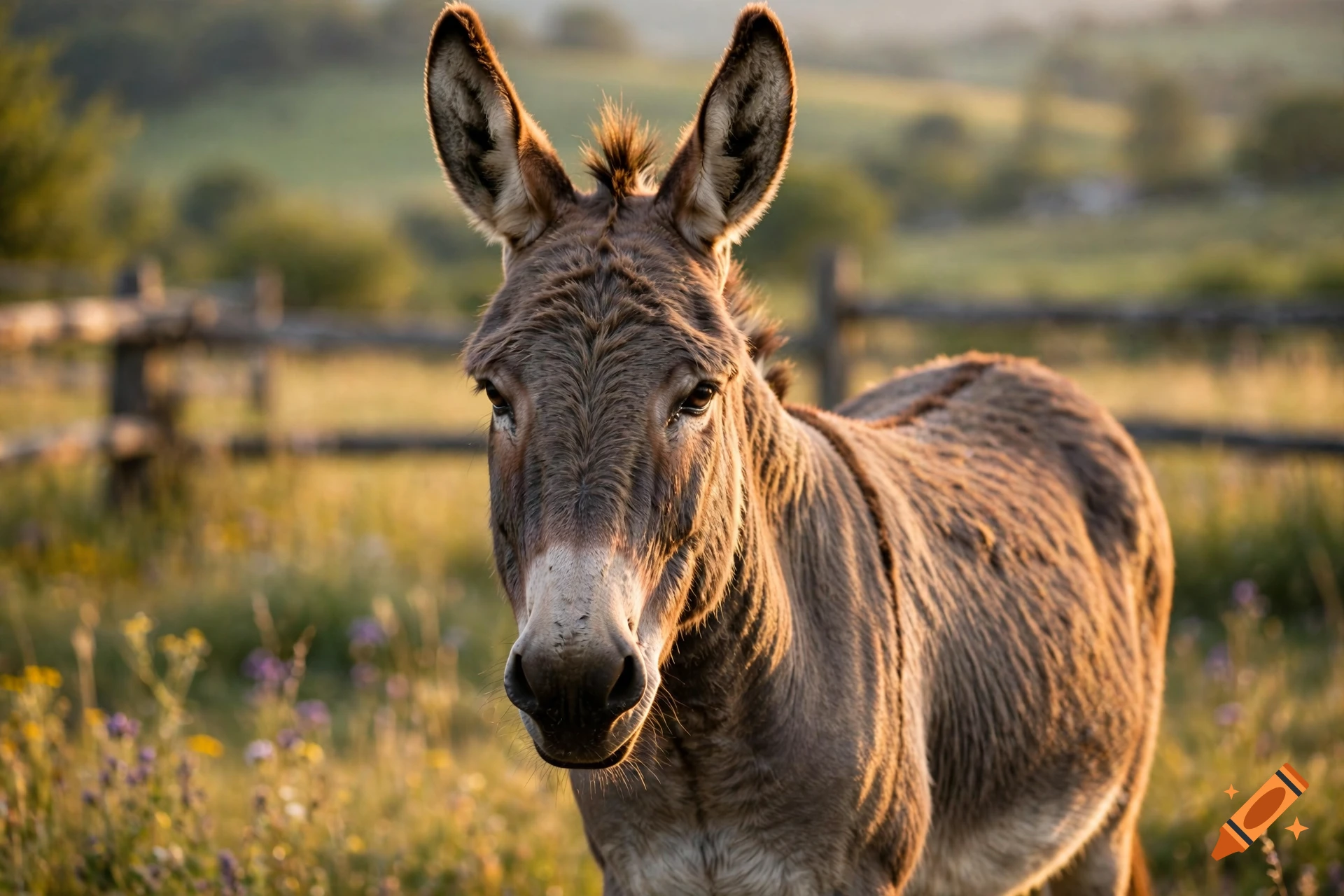 Close-up photorealistic shot of a donkey in a grassy meadow during sunset with a wooden fence in the background.