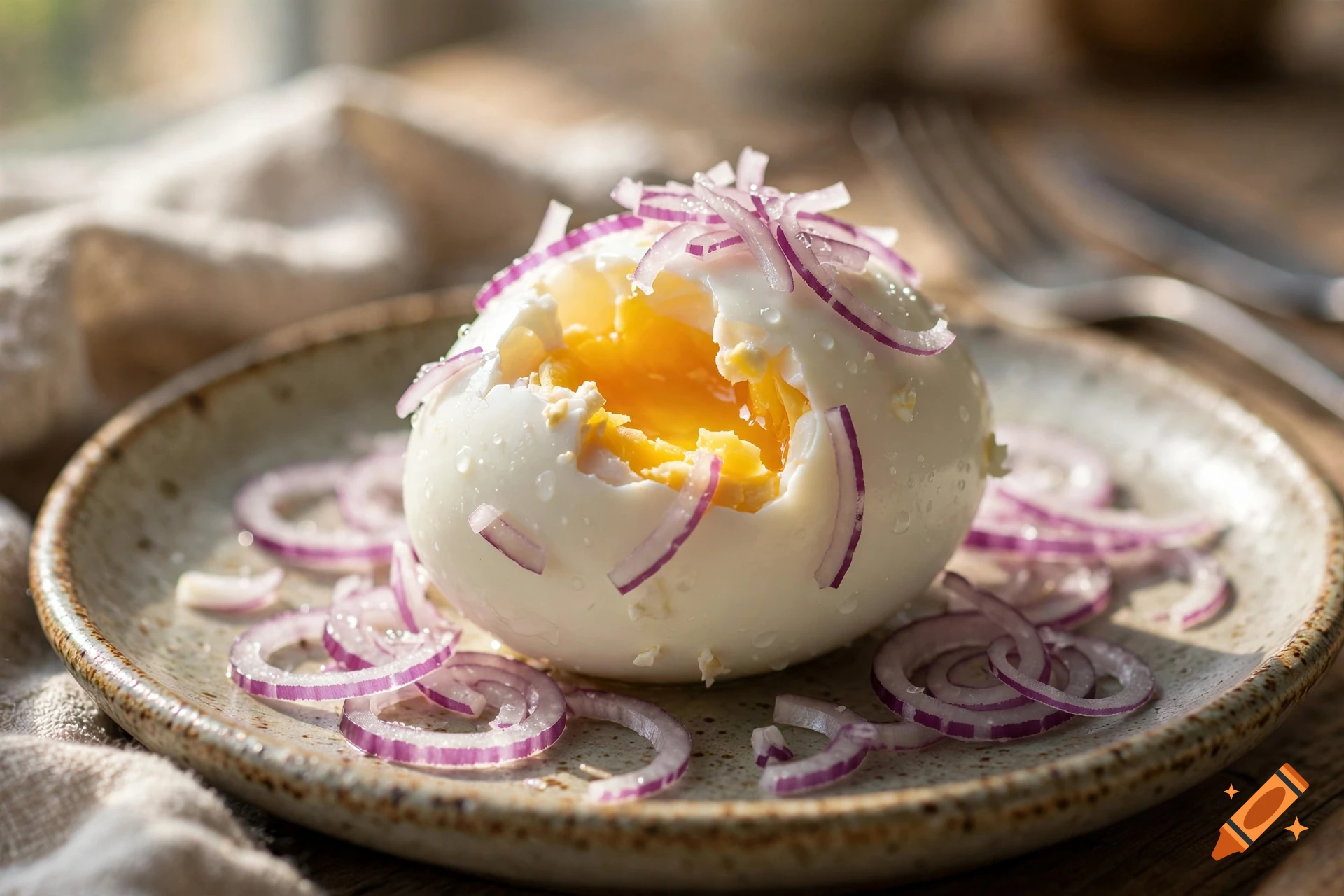 Close-up of a soft-boiled egg in a speckled plate garnished with sliced red onions, photorealistic.