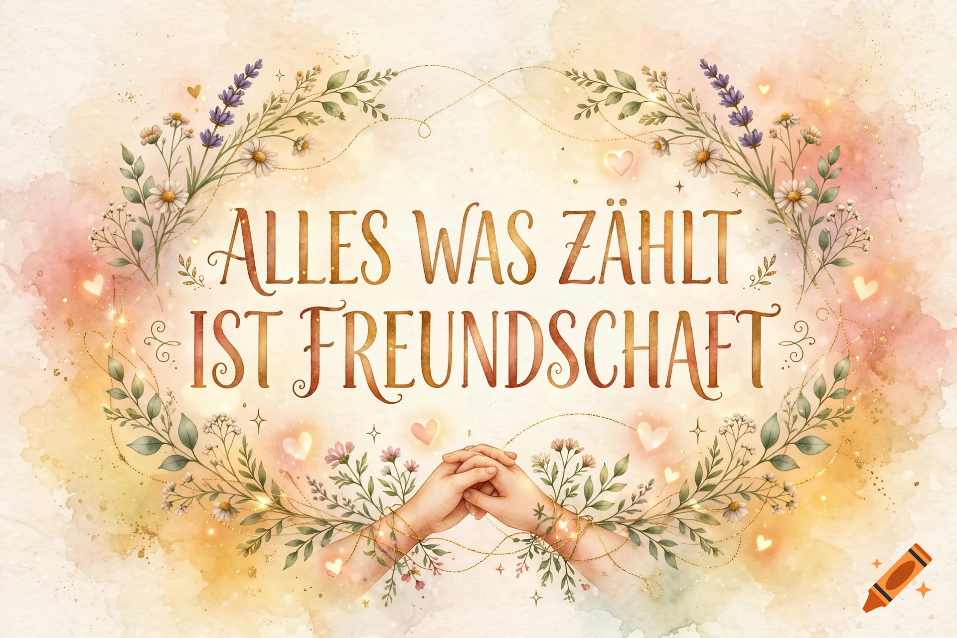 Watercolor illustration with floral wreath, glowing hearts, clasped hands, and the German text Alles was zählt ist Freundschaft.