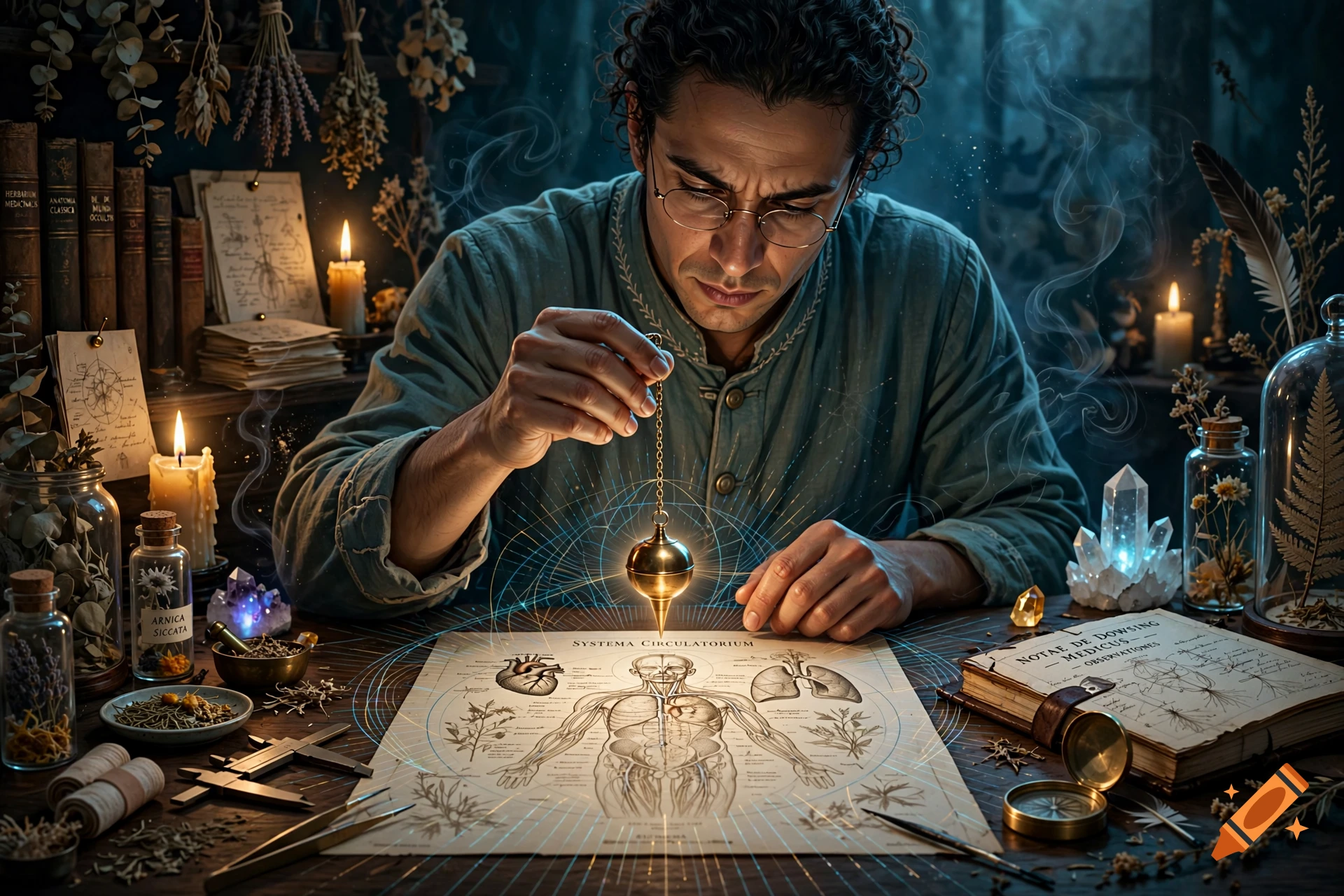 A man in historical attire examining a medical dowsing diagram with a glowing pendulum in a candlelit study, photorealistic style.