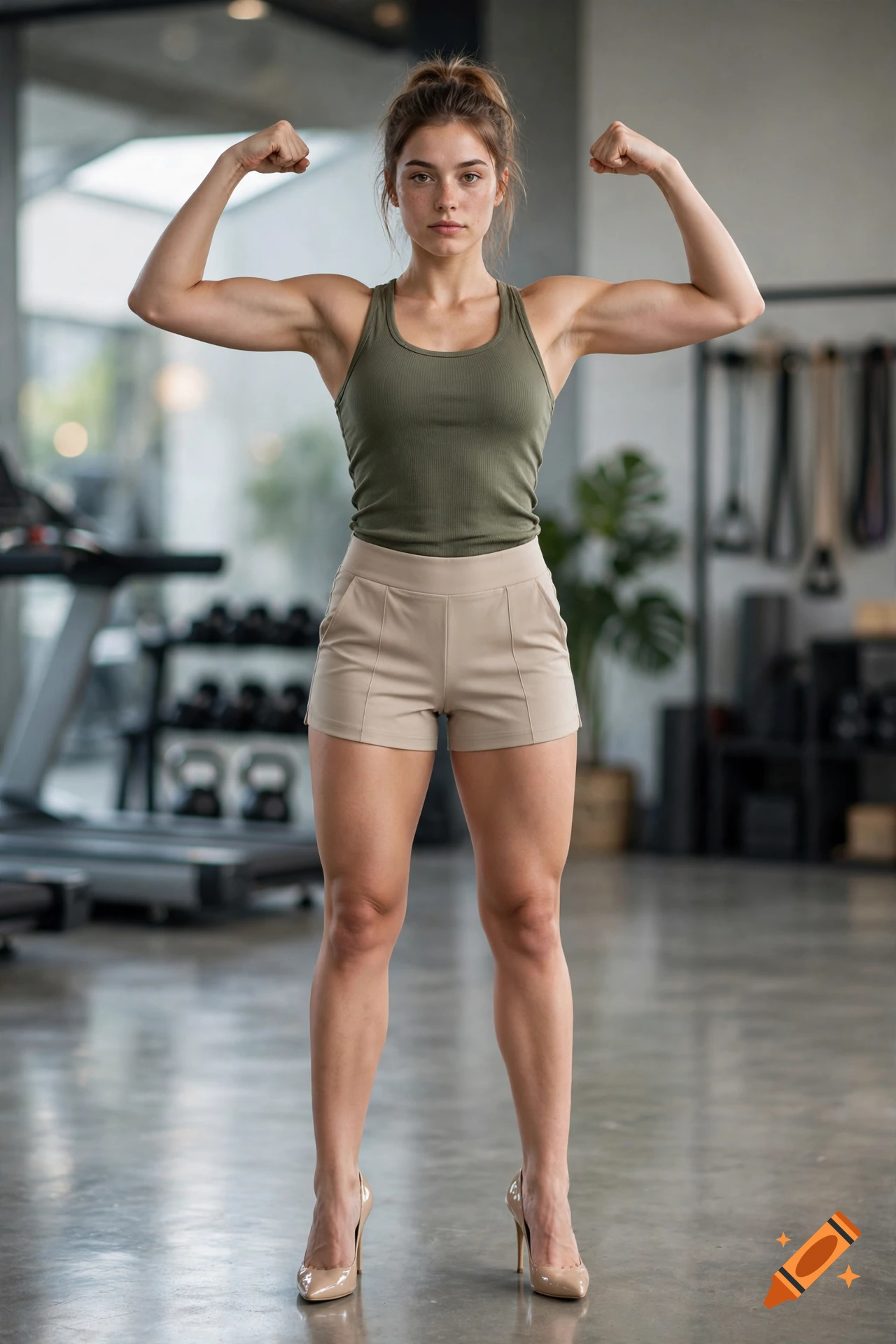 Photorealistic image of a young woman with a ponytail and freckles flexing her biceps in a gym, wearing a tank top, shorts, and high heels.