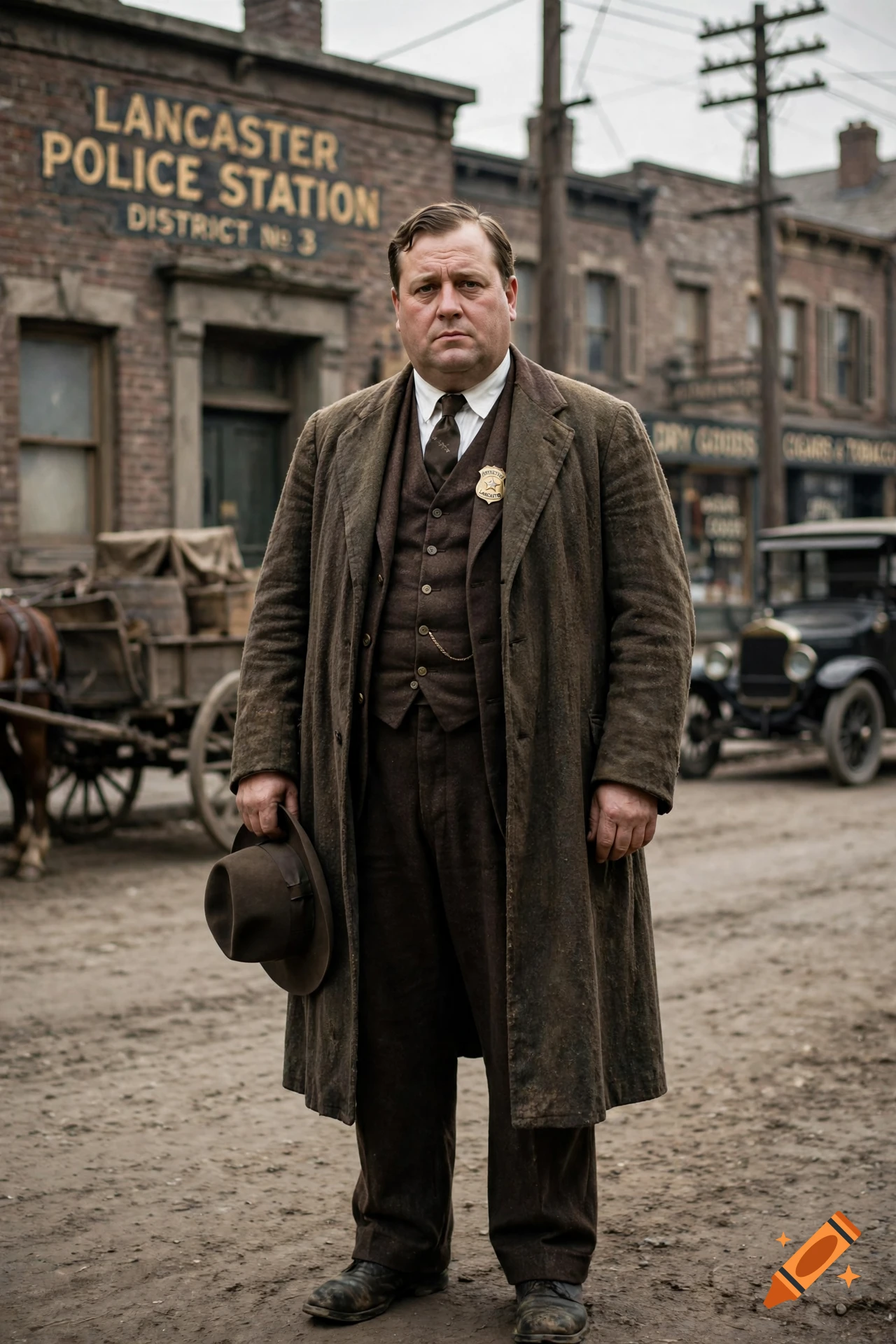 Photorealistic full-body portrait of a 1920s police detective standing on a dusty street in front of a brick police station.