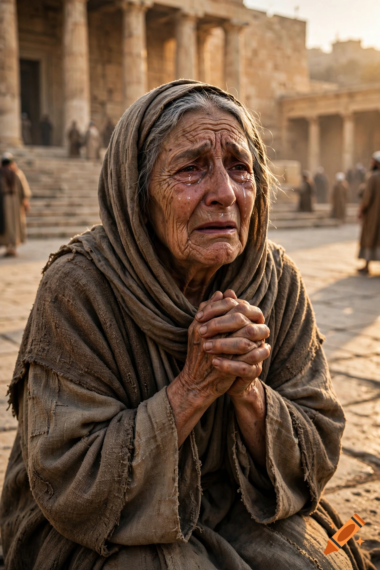 Photorealistic close-up of an elderly weeping woman in a brown hood, clasping her hands in prayer in front of ancient stone buildings.