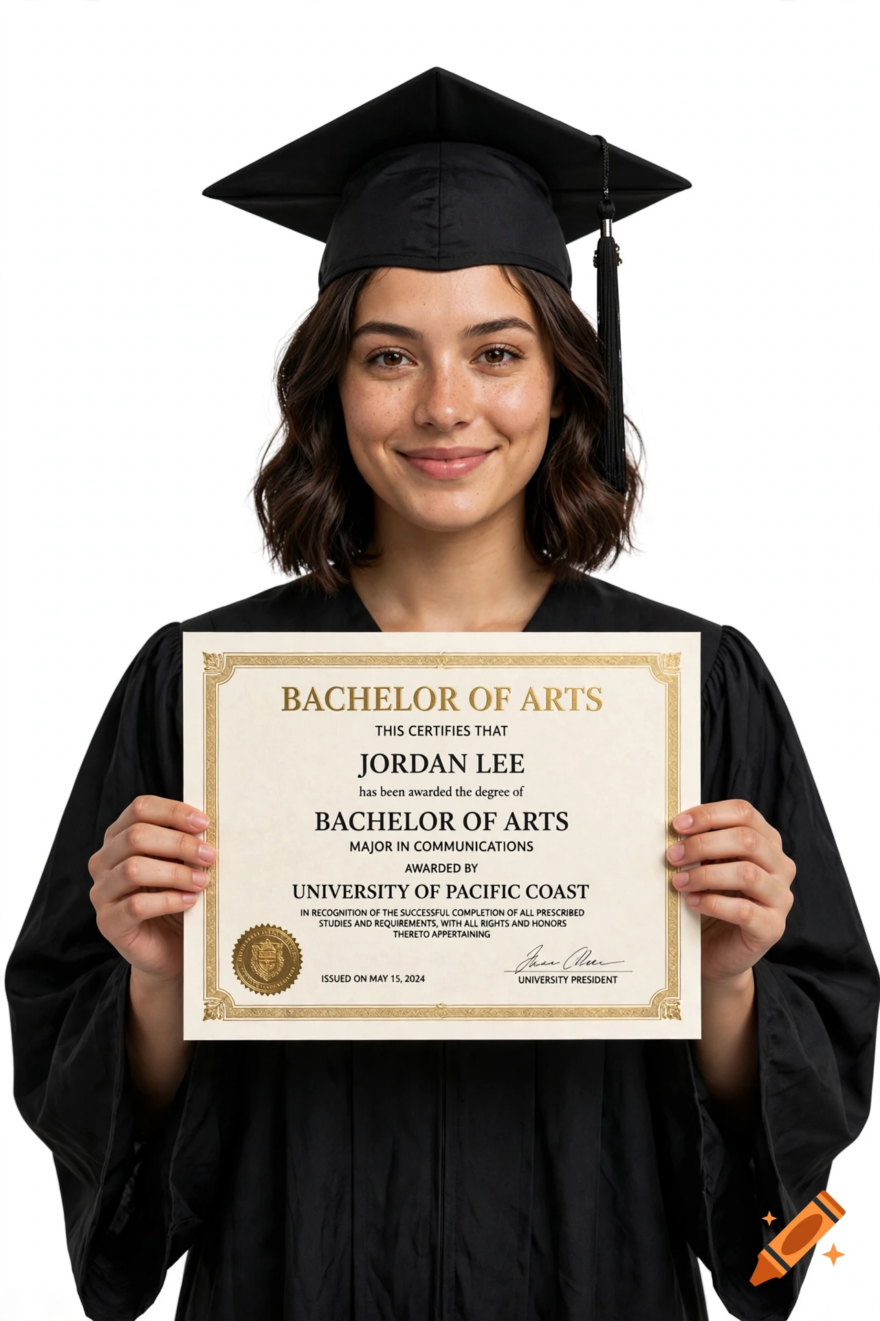Photorealistic portrait of a smiling young graduate wearing a cap and gown, holding a diploma.