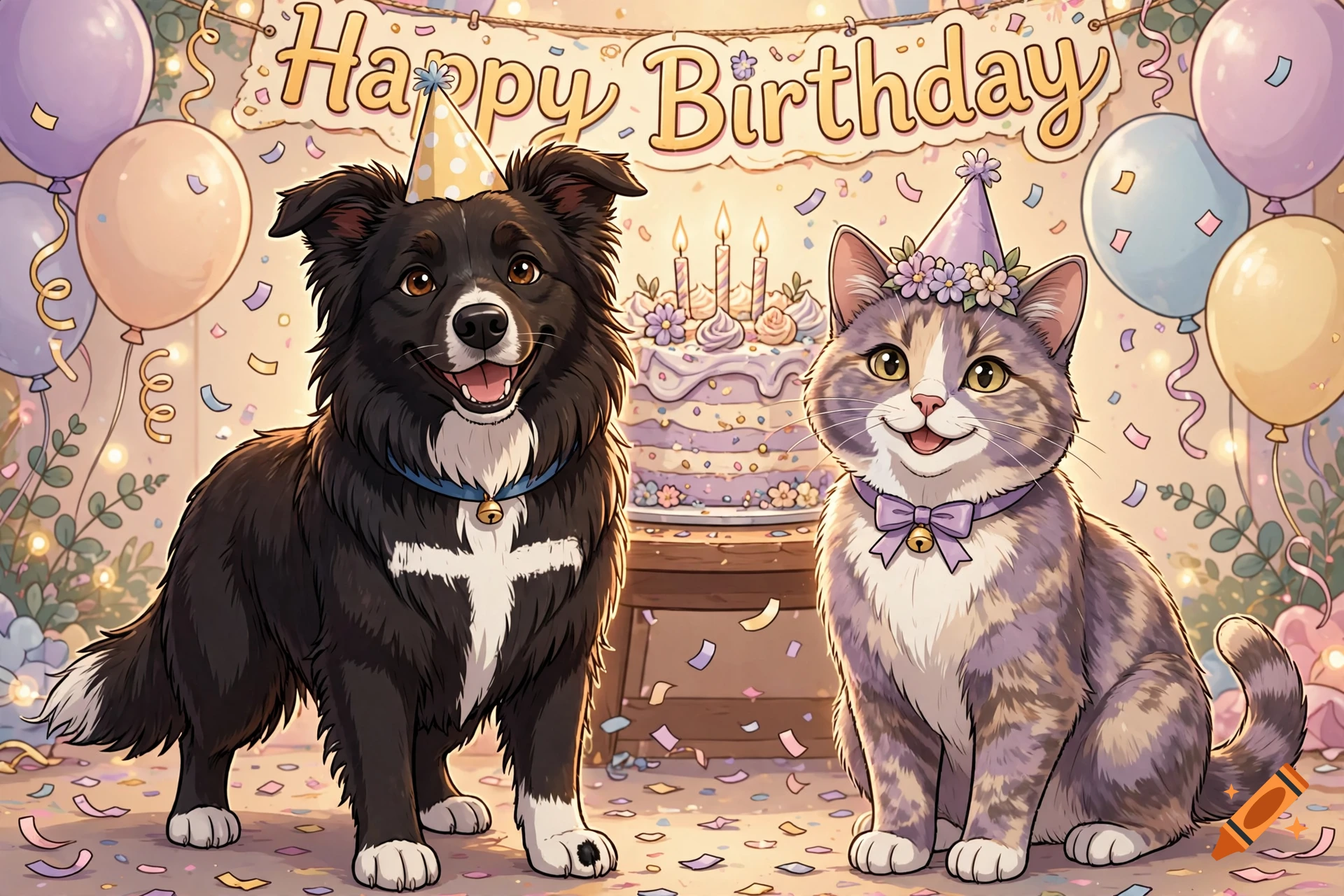 Cartoon illustration of a border collie and a cat wearing party hats in front of a birthday cake with candles and balloons.
