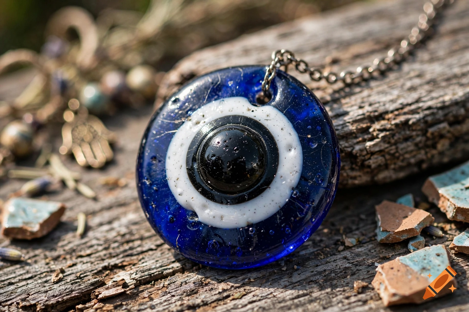 Close-up of a blue and white evil eye glass pendant on a wooden surface.