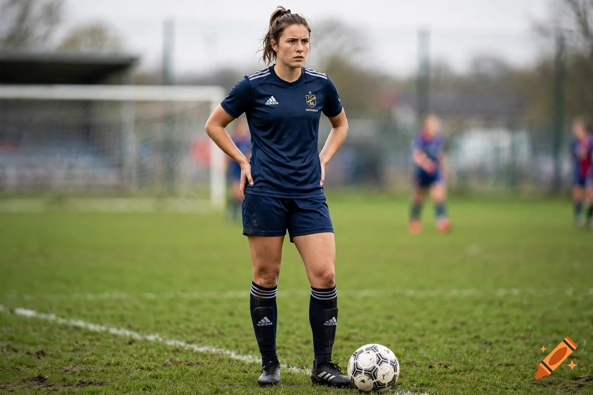 A female soccer player in a blue uniform standing on a grass field with a soccer ball at her feet.
