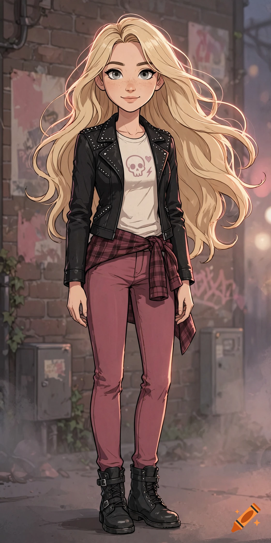 Cartoon illustration of a young woman with long blonde hair, punk leather jacket, and pink pants standing in an alleyway.