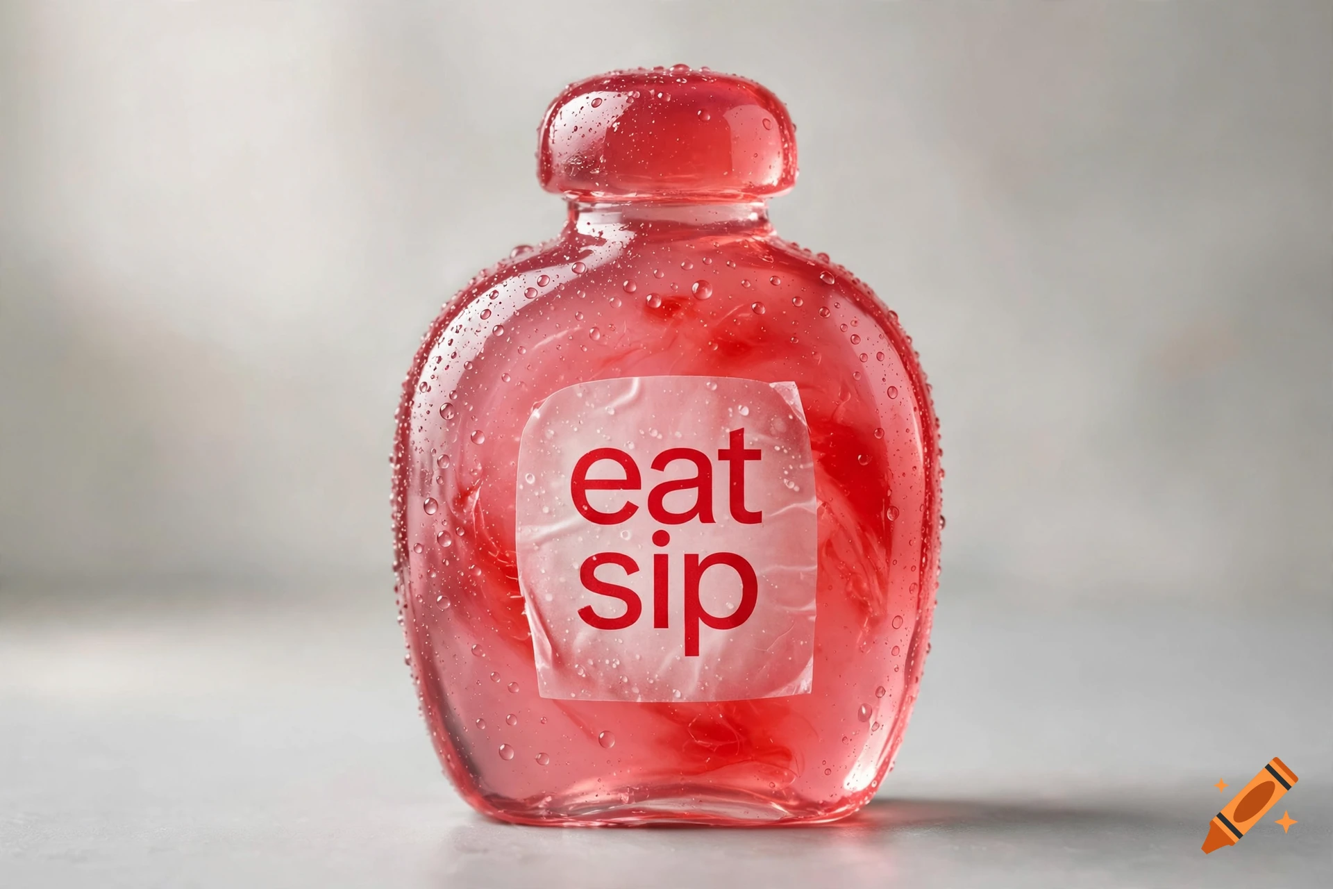 Photorealistic pink translucent bottle with water droplets containing edible red liquid and a label reading eat sip.