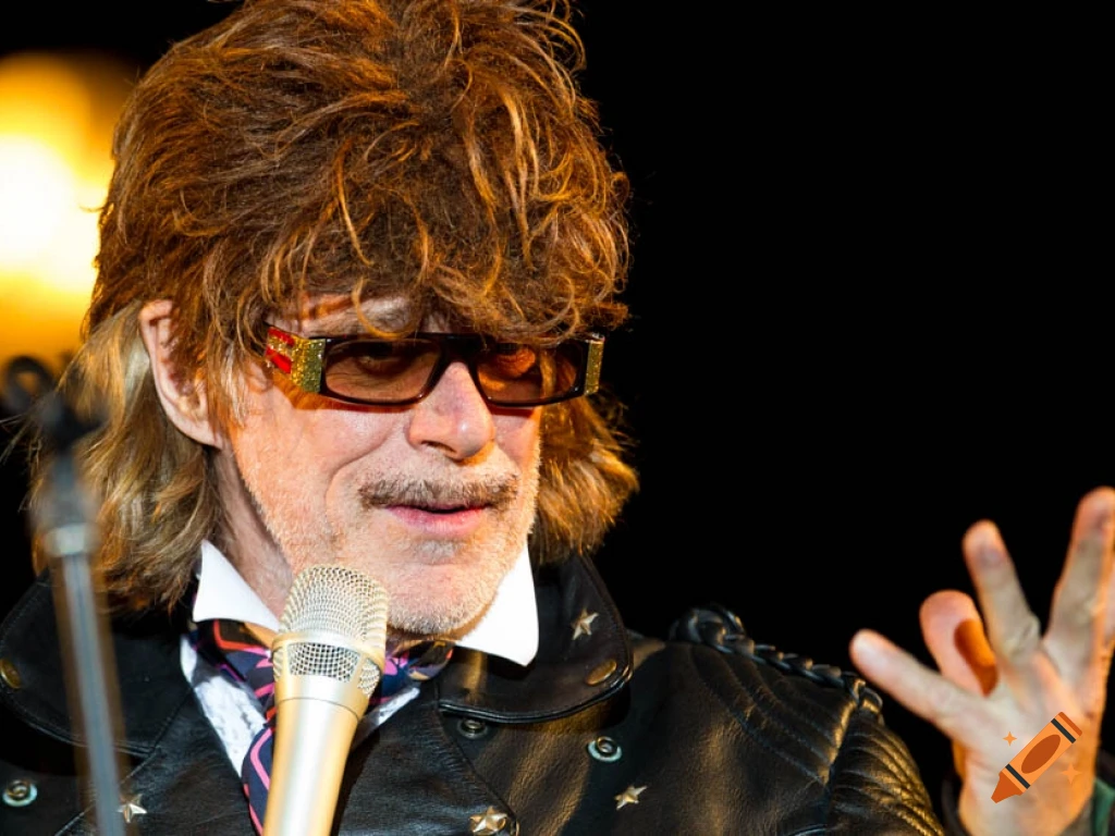 Portrait of a man with shaggy brown hair, tinted sunglasses, and a leather jacket holding a microphone.