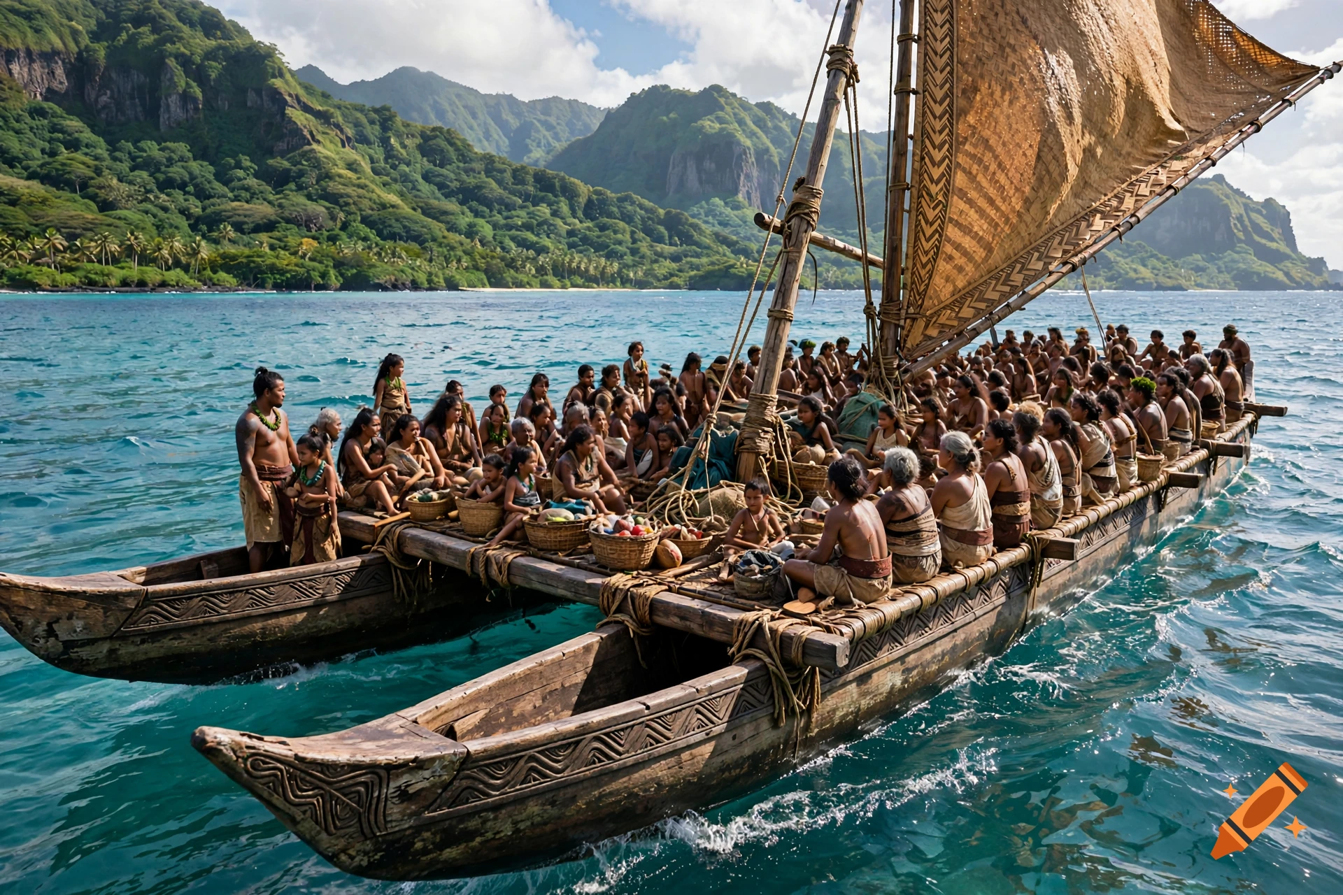Photorealistic image of an ancient Polynesian double-hulled wooden canoe filled with many passengers sailing on turquoise ocean water with lush green mountains in the background.