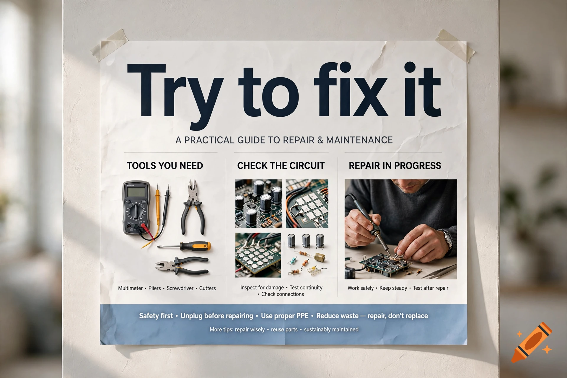 An informational repair guide poster titled 'Try to fix it' featuring tools, circuit board sections, and someone soldering.