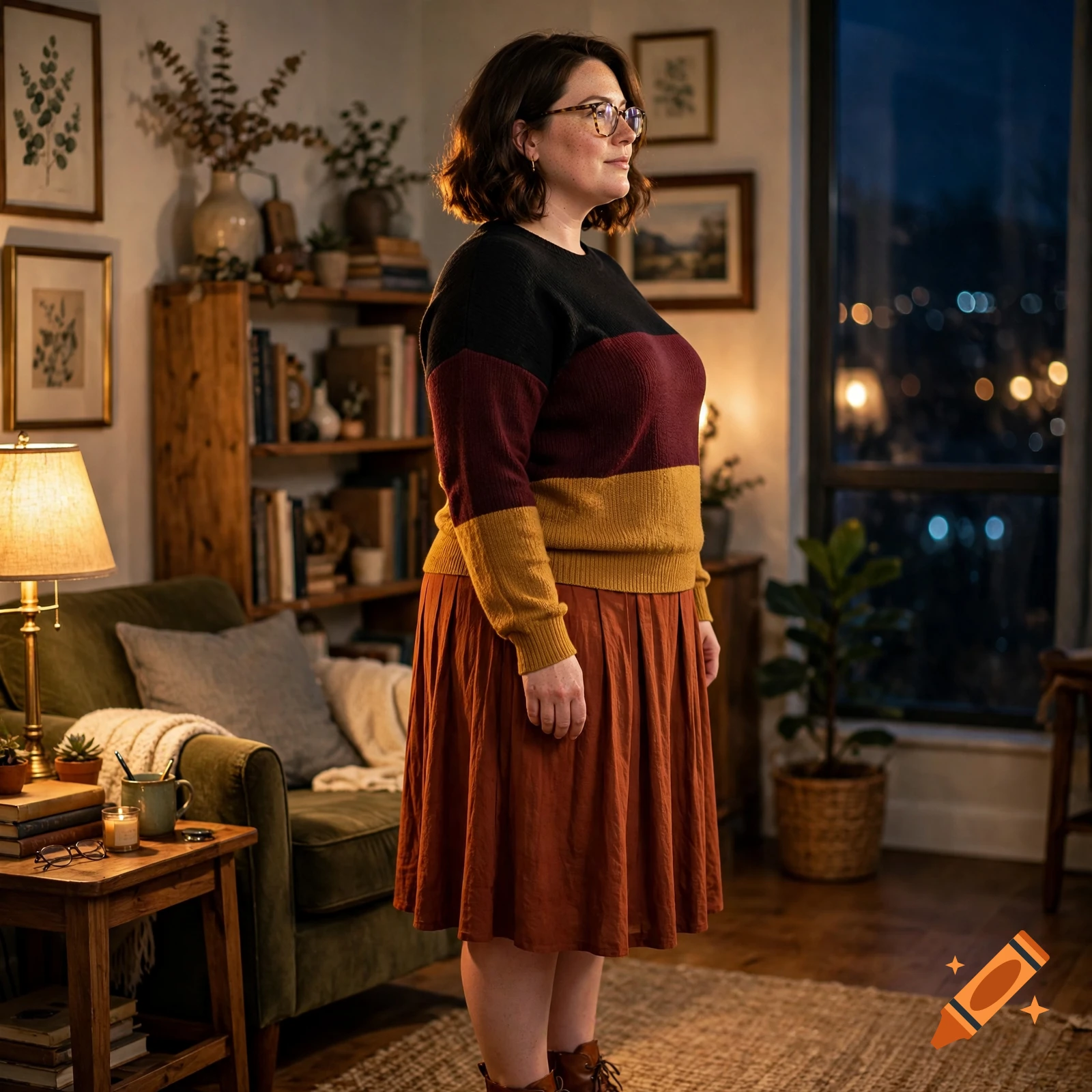 Photorealistic side view of a plus-size woman in a cozy den wearing glasses, a striped sweater, and a rust-colored skirt.