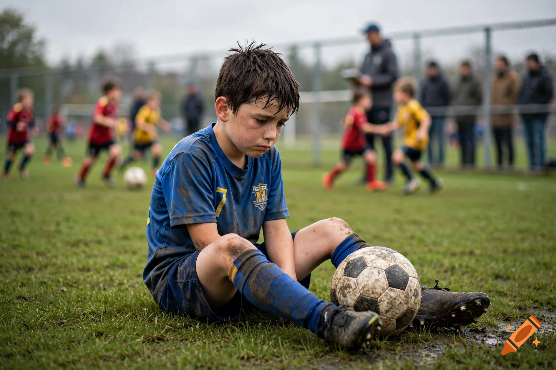 A sad young boy sitting on a muddy soccer field next to a ball during a game, photorealistic.