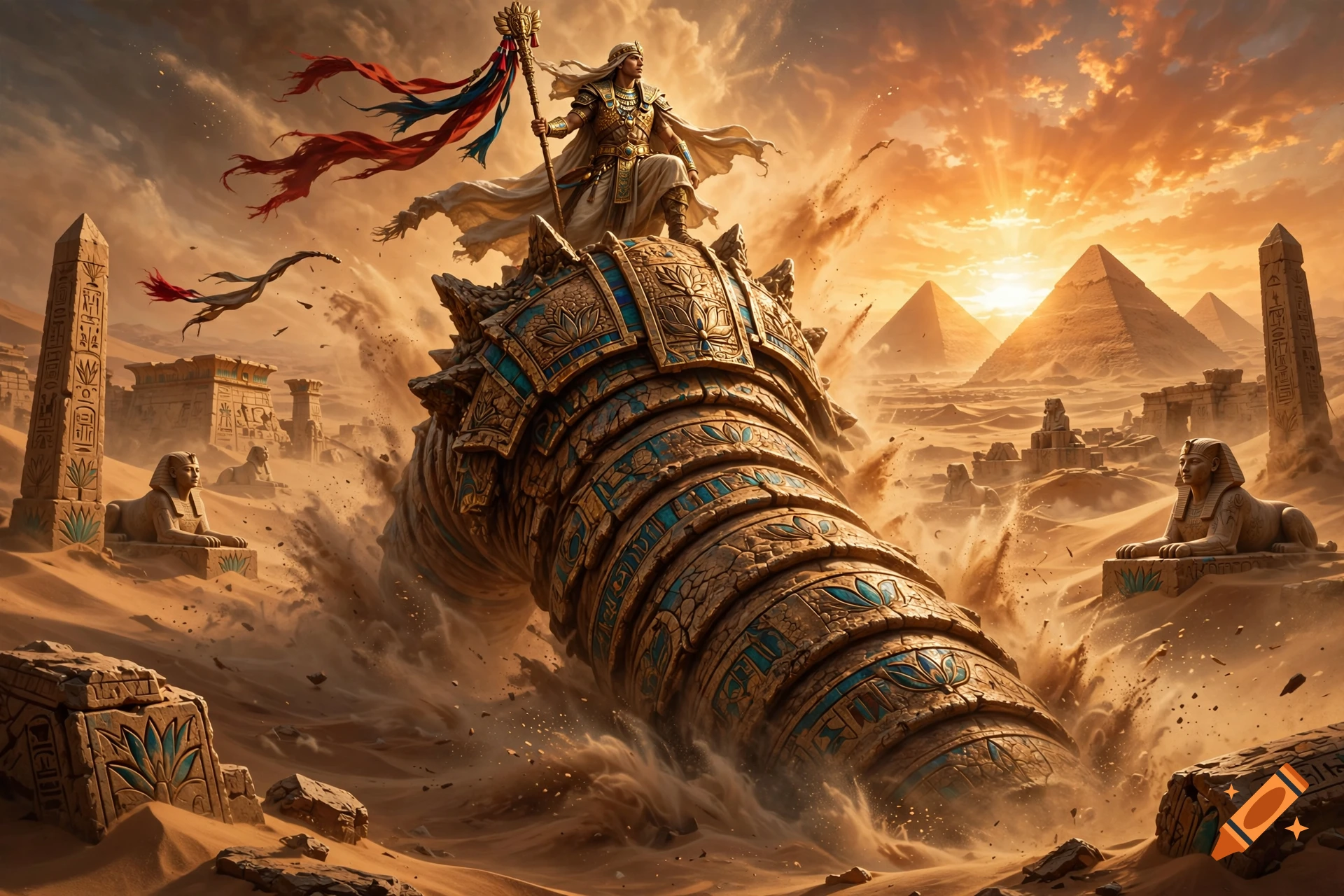 An Egyptian ruler holding a staff and banner stands atop a colossal segmented stone structure bursting from the desert sand amidst ancient ruins and pyramids.