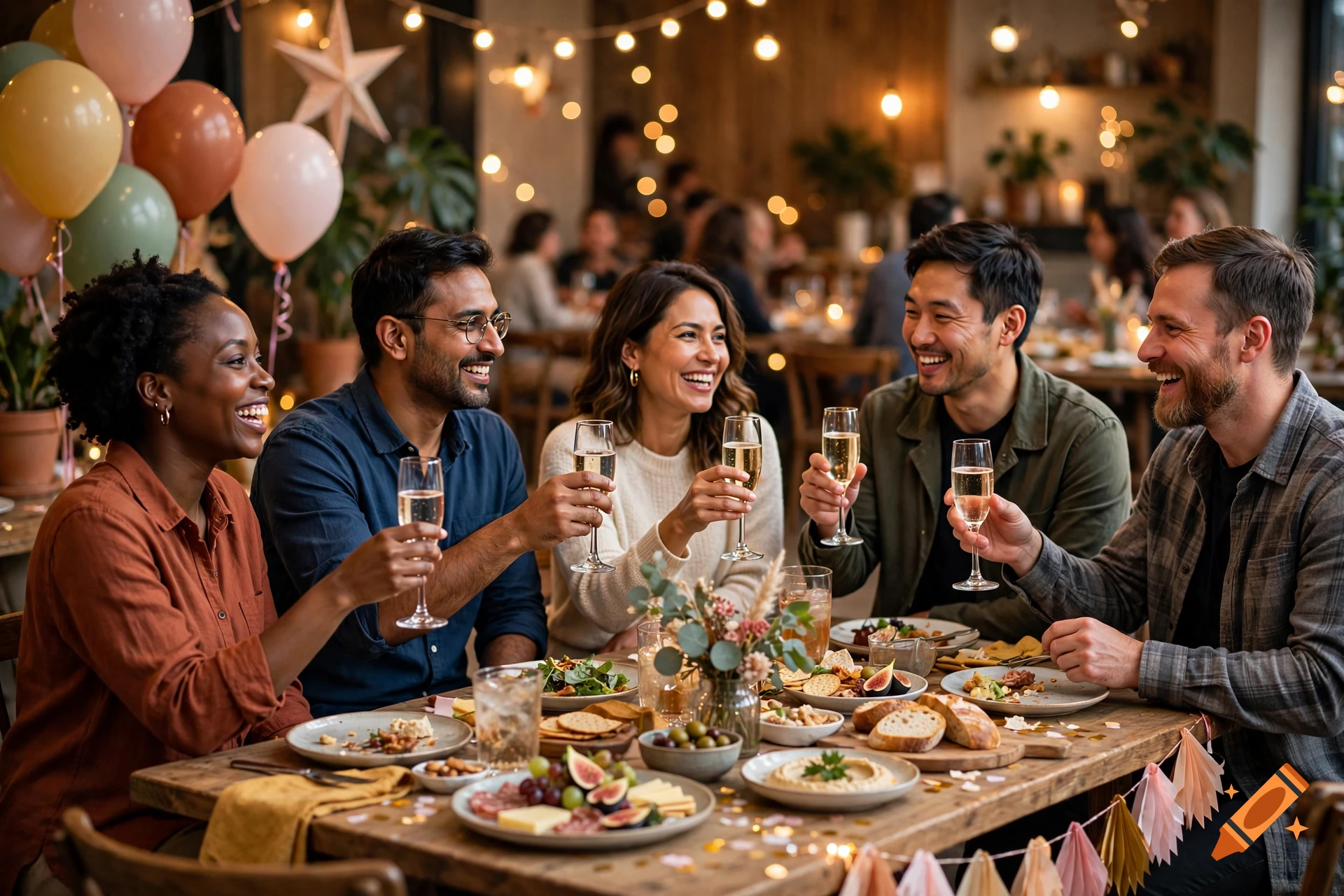 Five diverse friends smiling and toasting with champagne glasses at a festive dinner table in a restaurant.
