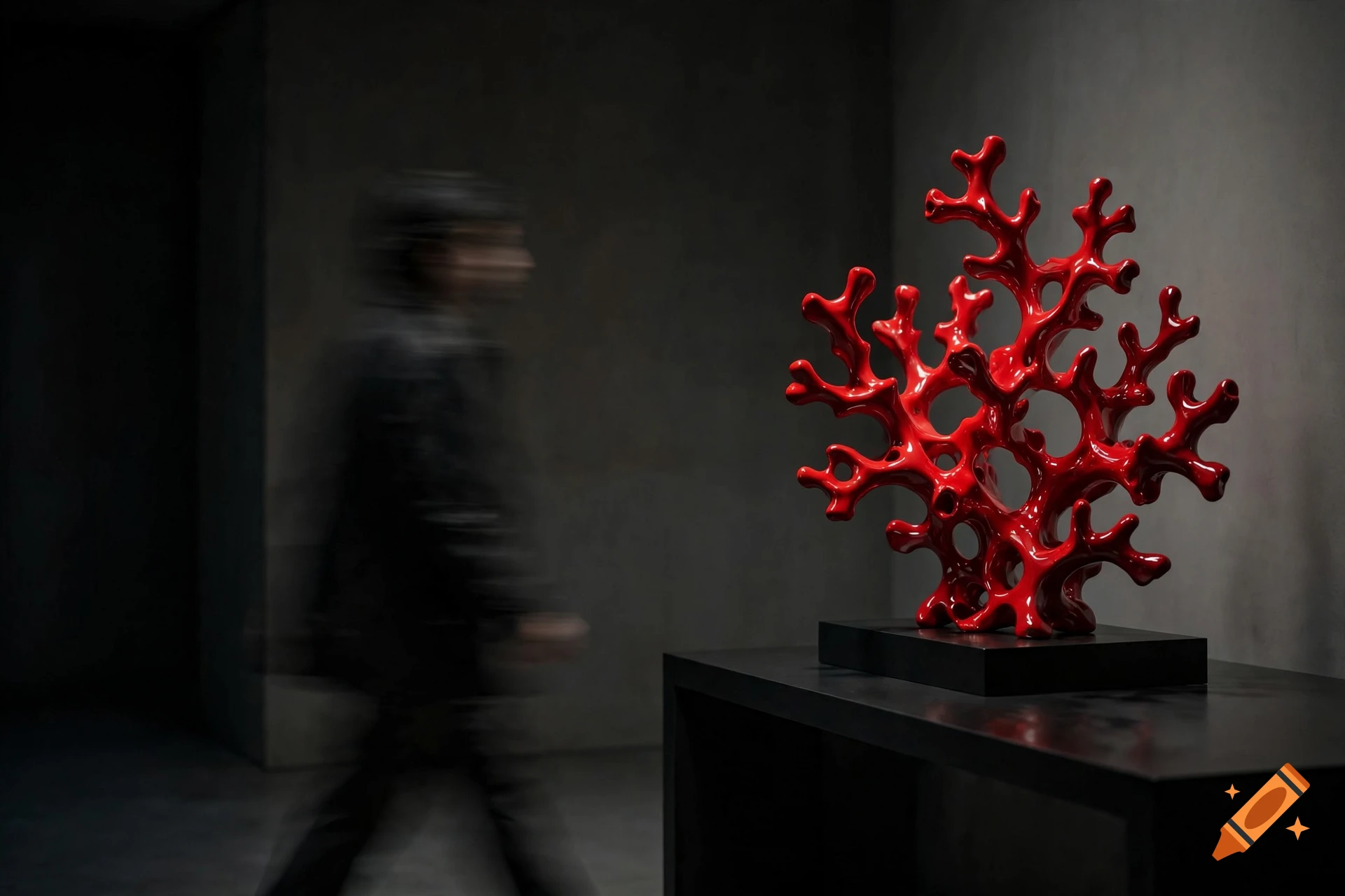 A glossy red branching sculpture on a pedestal in a dark gallery with a blurred person walking by.