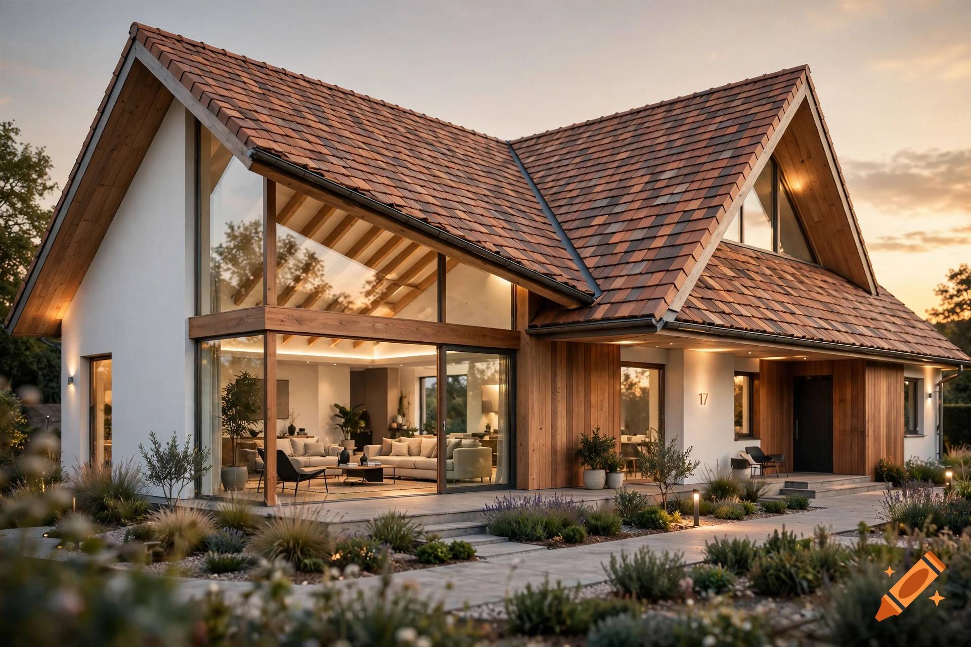 Photorealistic exterior view of a modern single-story house with split-level terracotta roof and large glass windows at sunset.