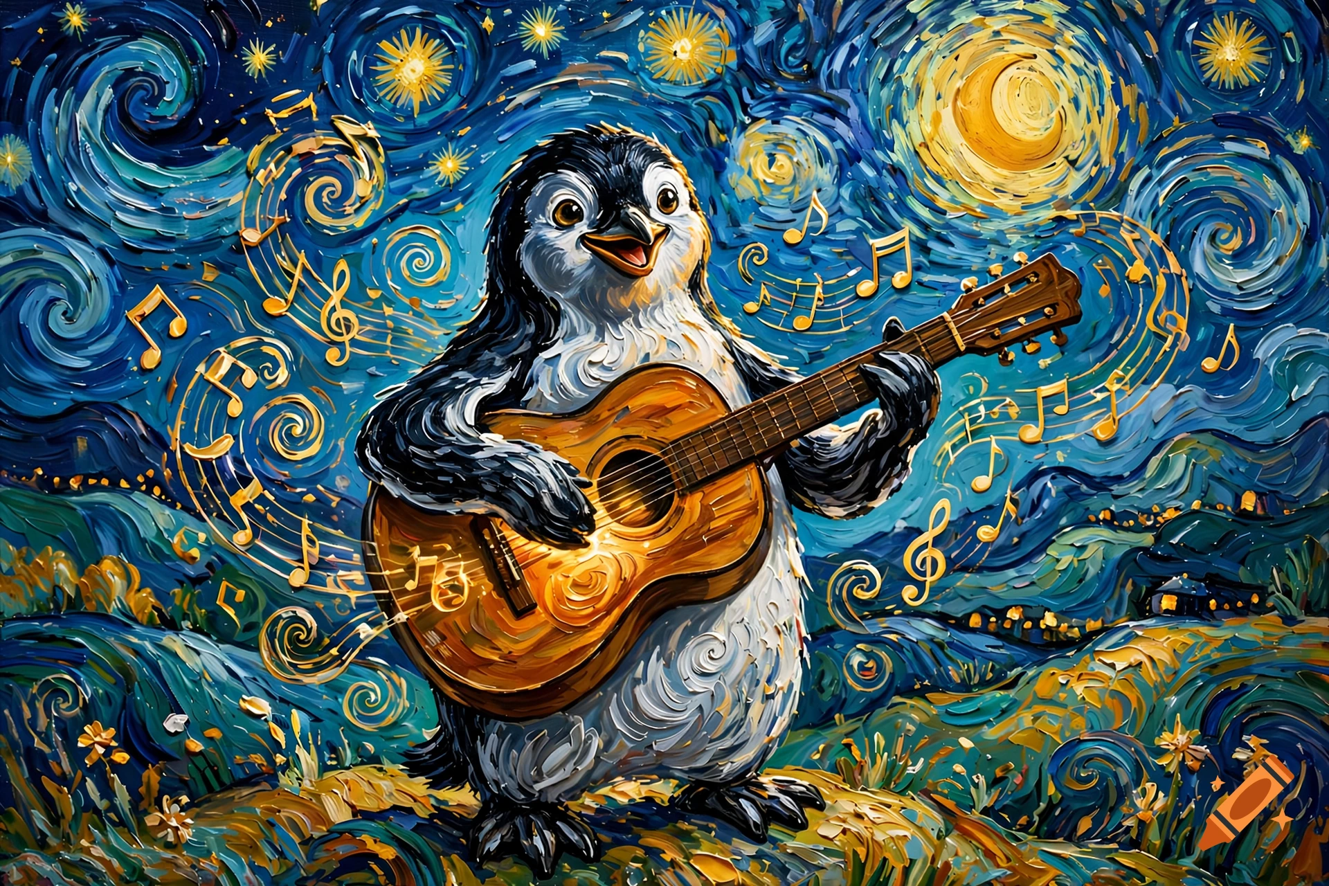 An oil painting in the style of Van Gogh featuring a penguin playing a guitar amidst swirling starry skies.