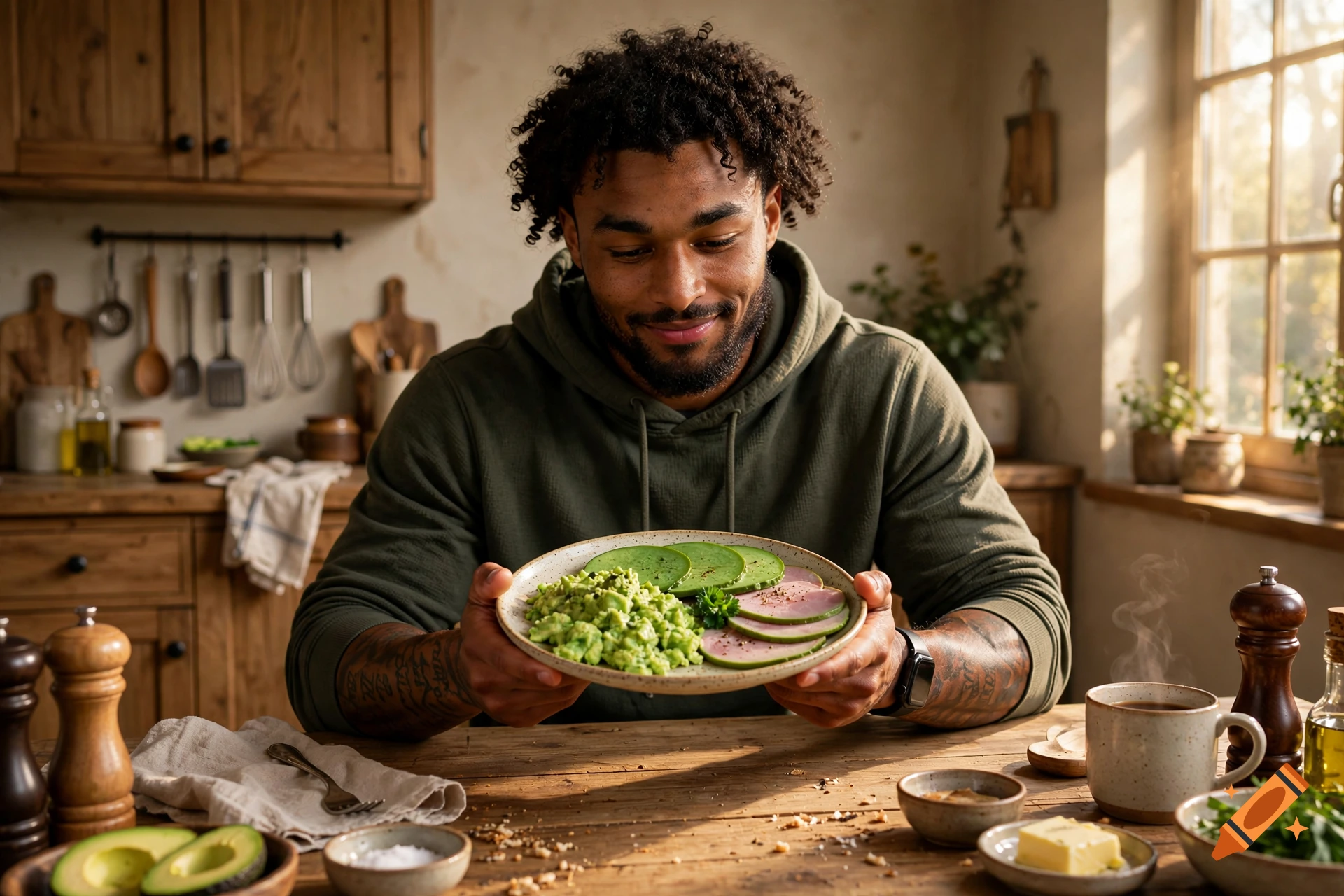 A man with curly hair in a kitchen holding a plate of green food and sliced ham at a wooden table, photorealistic.