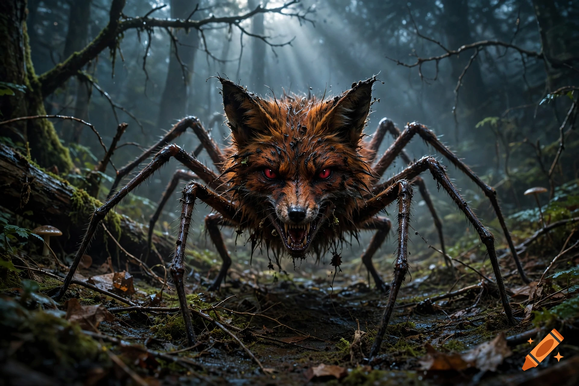 A terrifying hybrid creature with a fox's head and red glowing eyes and a spider's legs crouching in a dark, misty forest.