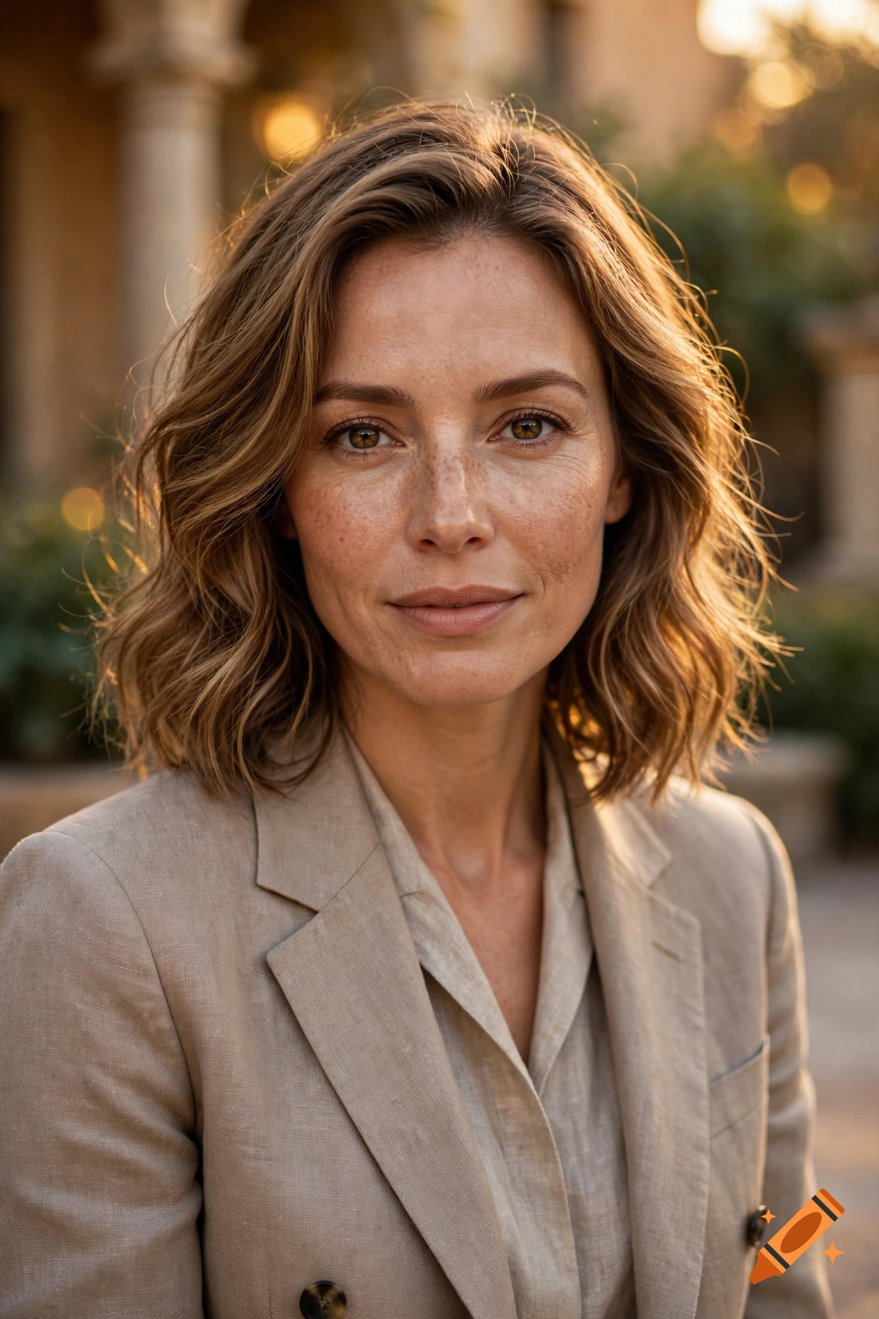 Close-up photorealistic portrait of a woman with brown wavy hair, freckles, and a light-colored blazer outdoors.