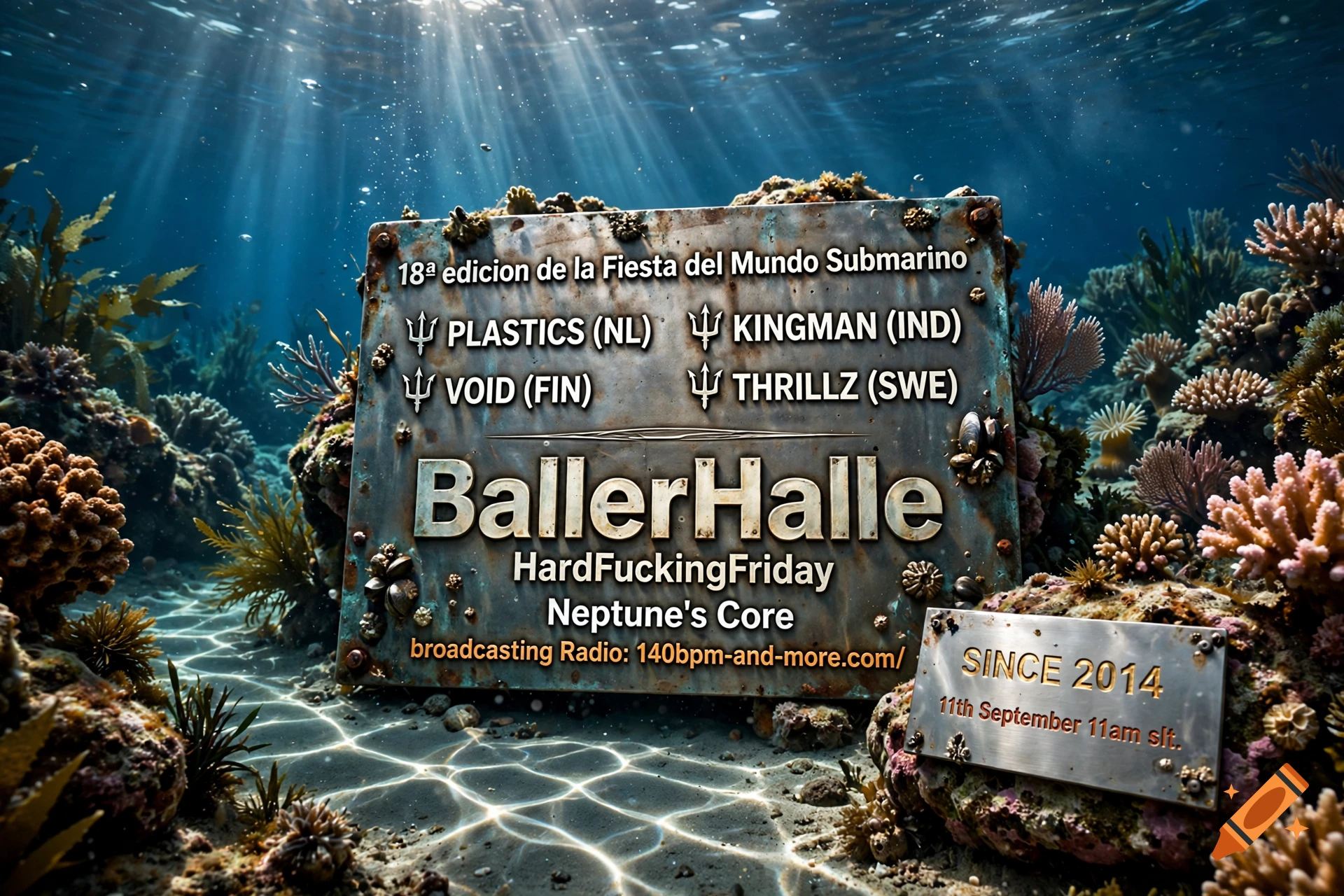 An underwater metal sign announcing a submarine music festival, surrounded by coral reefs and sunlight filtering through the water.