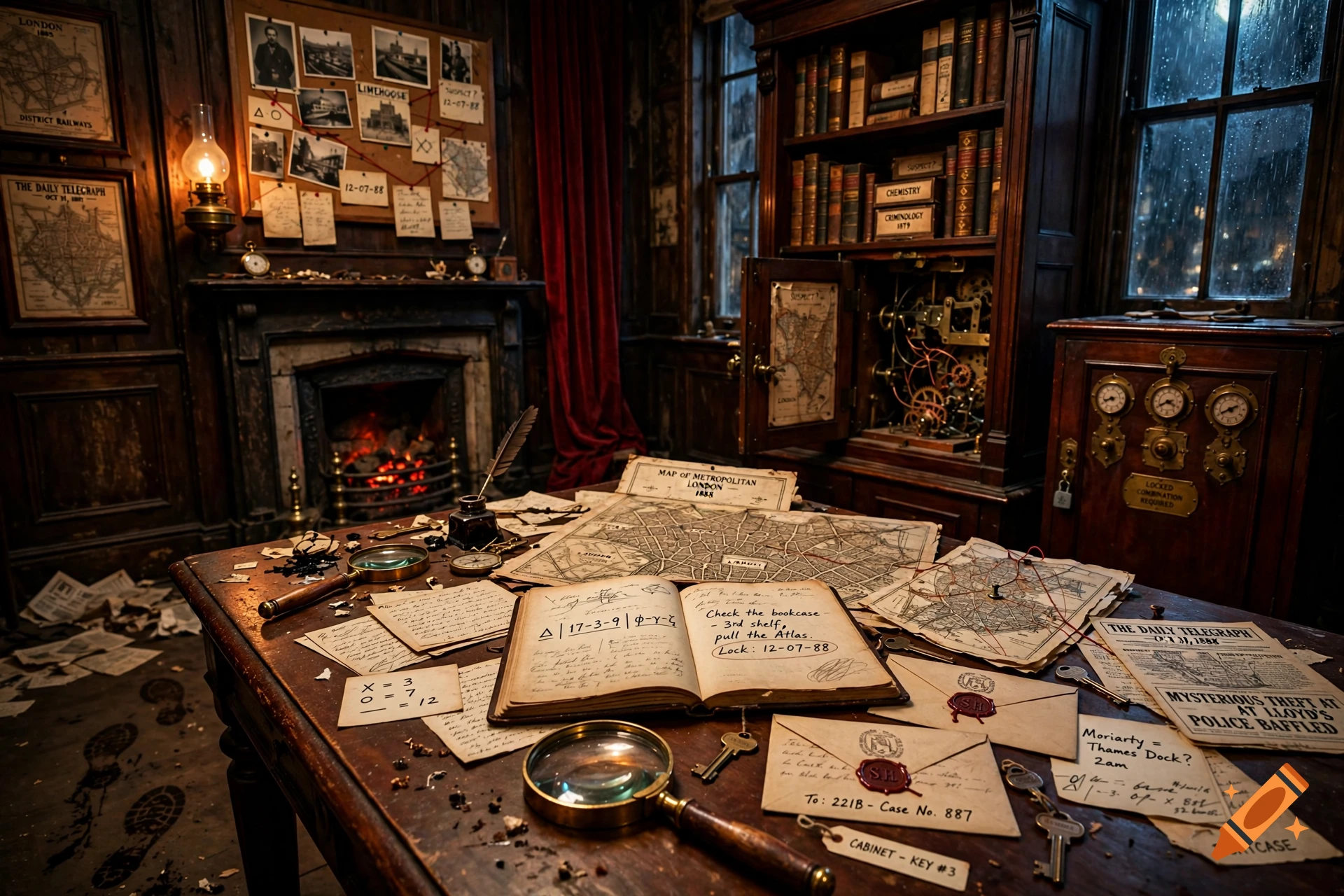 Photorealistic Sherlock Holmes themed escape room with a cluttered wooden desk, maps, magnifying glass, and a fireplace.
