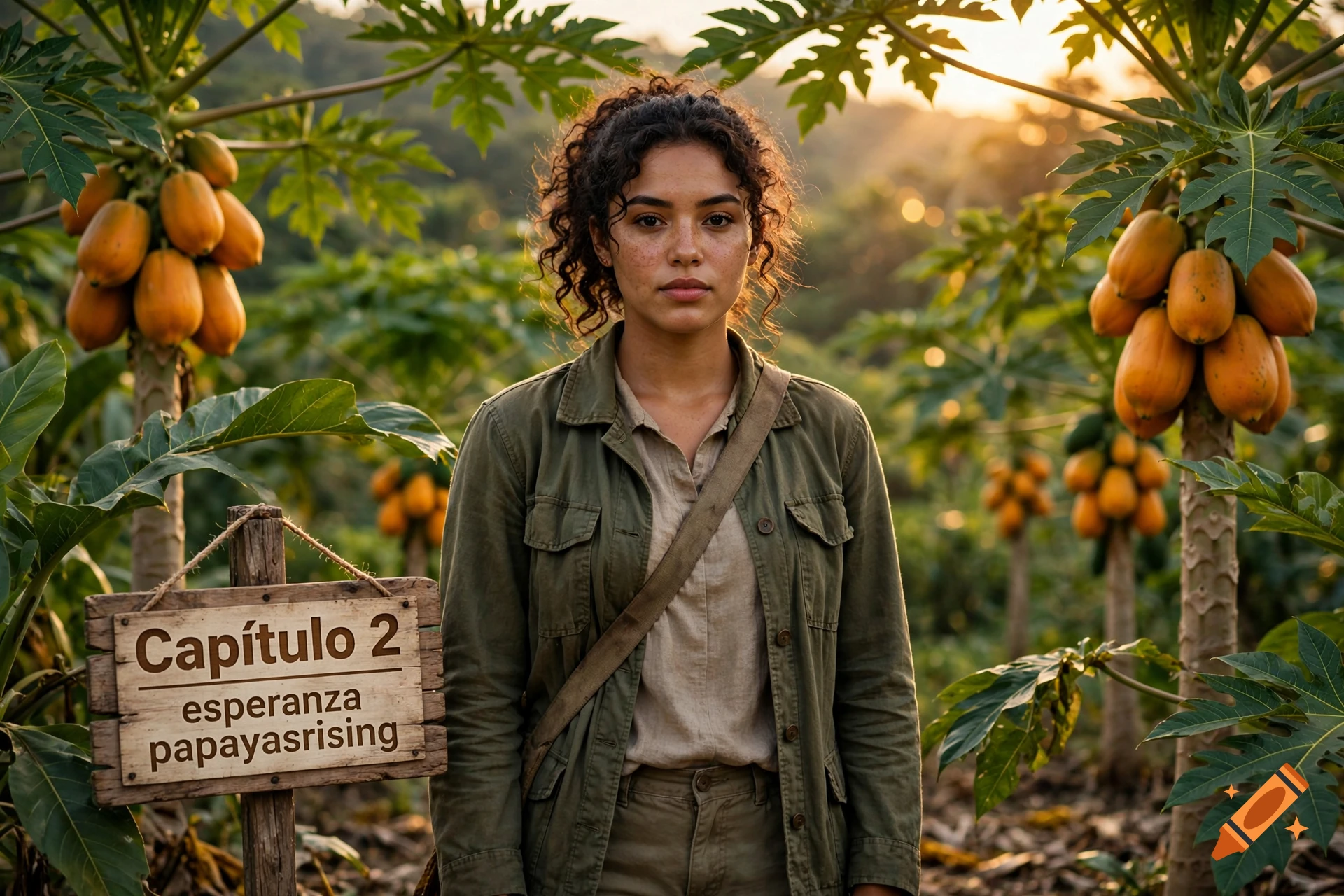 Photorealistic medium shot of a young woman standing in a papaya orchard at sunset, with a wooden sign reading 'Capítulo 2 esperanza papayasrising' in the foreground.