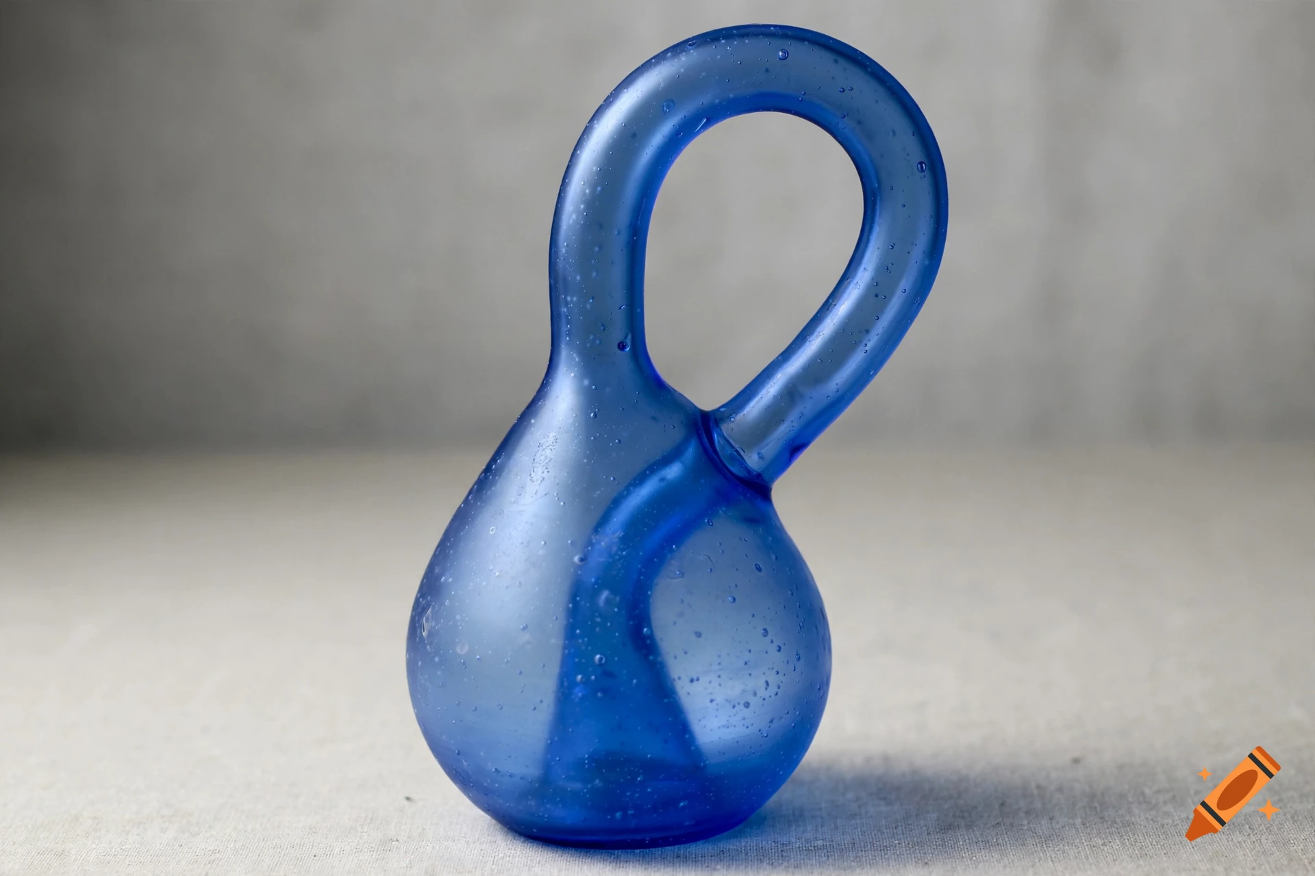 A photorealistic blue glass Klein bottle sitting on a light-colored surface against a grey background.