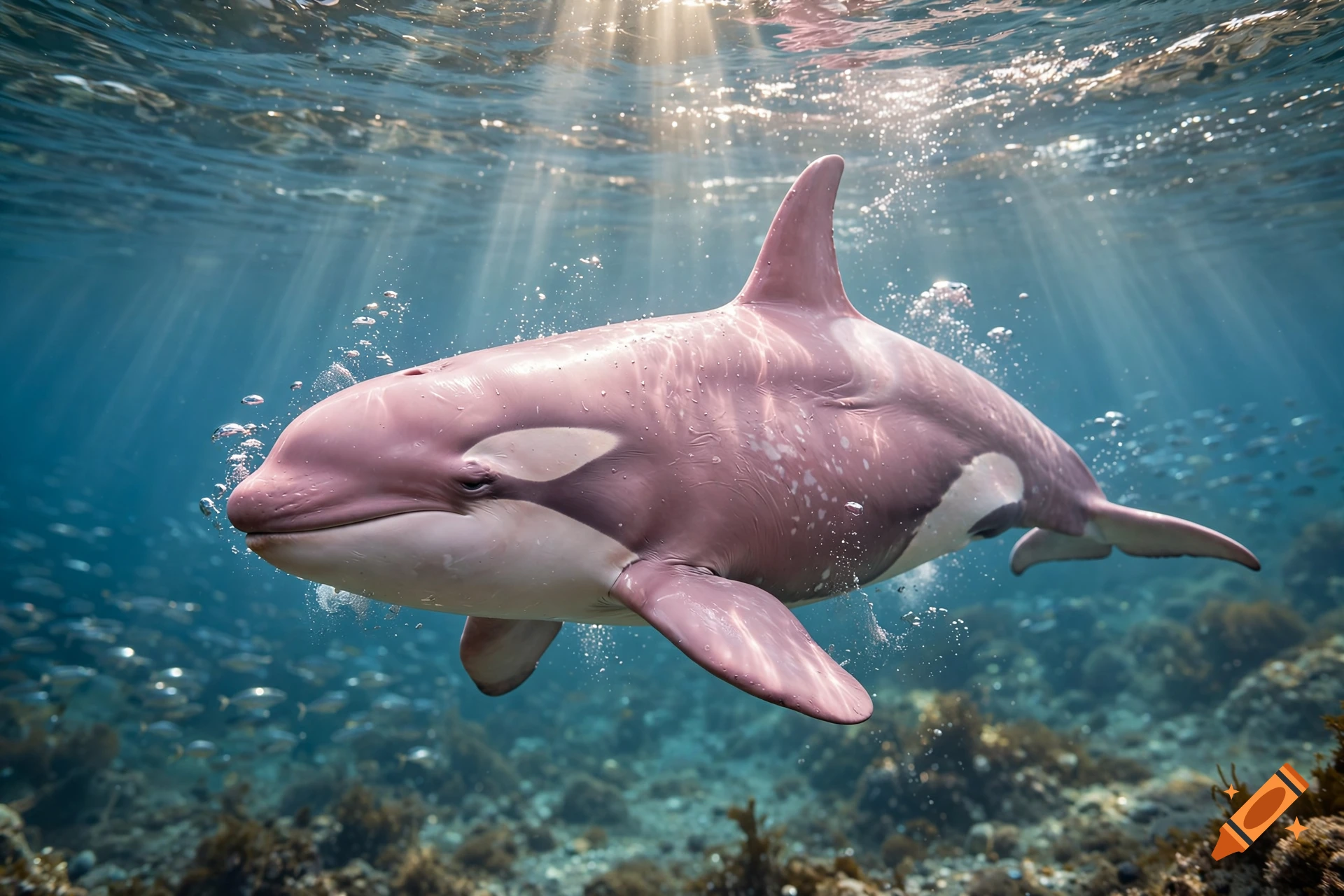 Photorealistic underwater view of a pink orca swimming gracefully among small fish and bubbles with sunbeams filtering down.