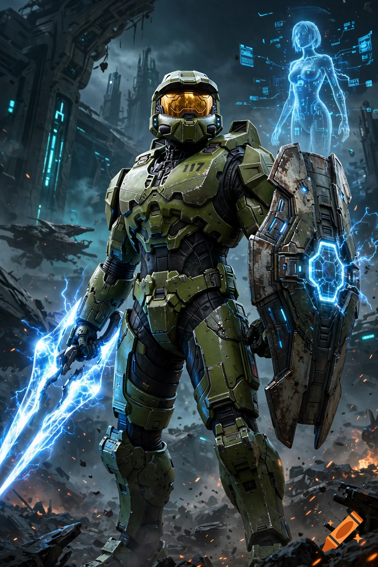 A heavily armored futuristic soldier holding an energy sword and shield, with a glowing holographic female figure nearby.