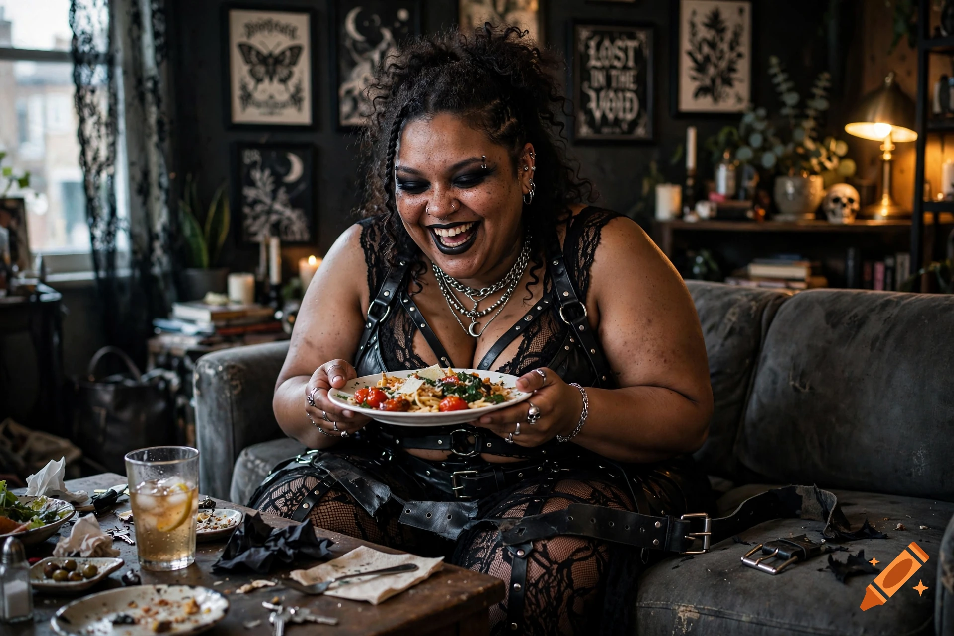 A smiling plus-size Black goth woman holding a plate of food on a couch in a dark room.