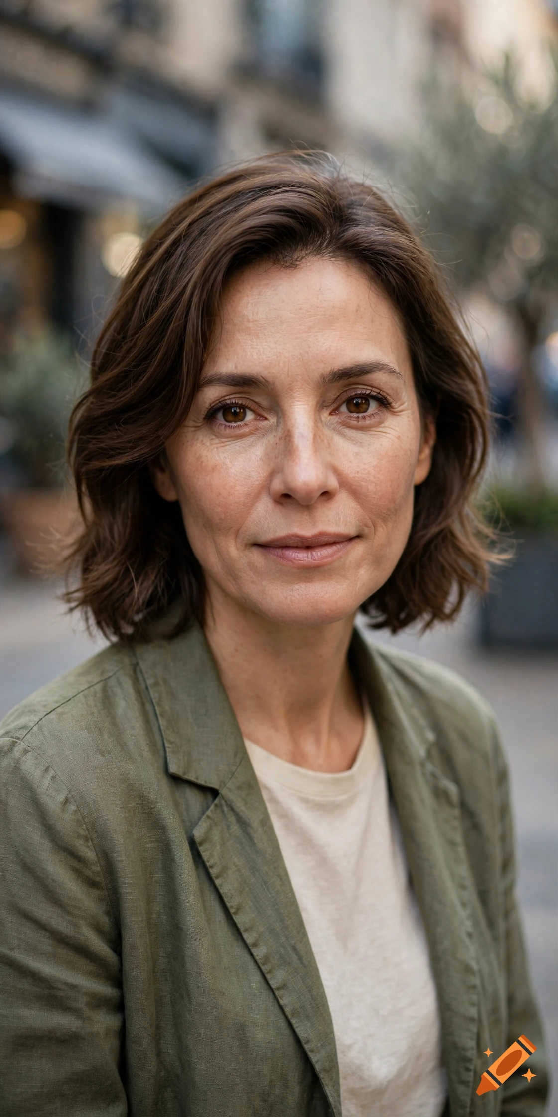 Close-up photorealistic portrait of a middle-aged woman with brown hair and freckles wearing an olive green jacket outdoors.