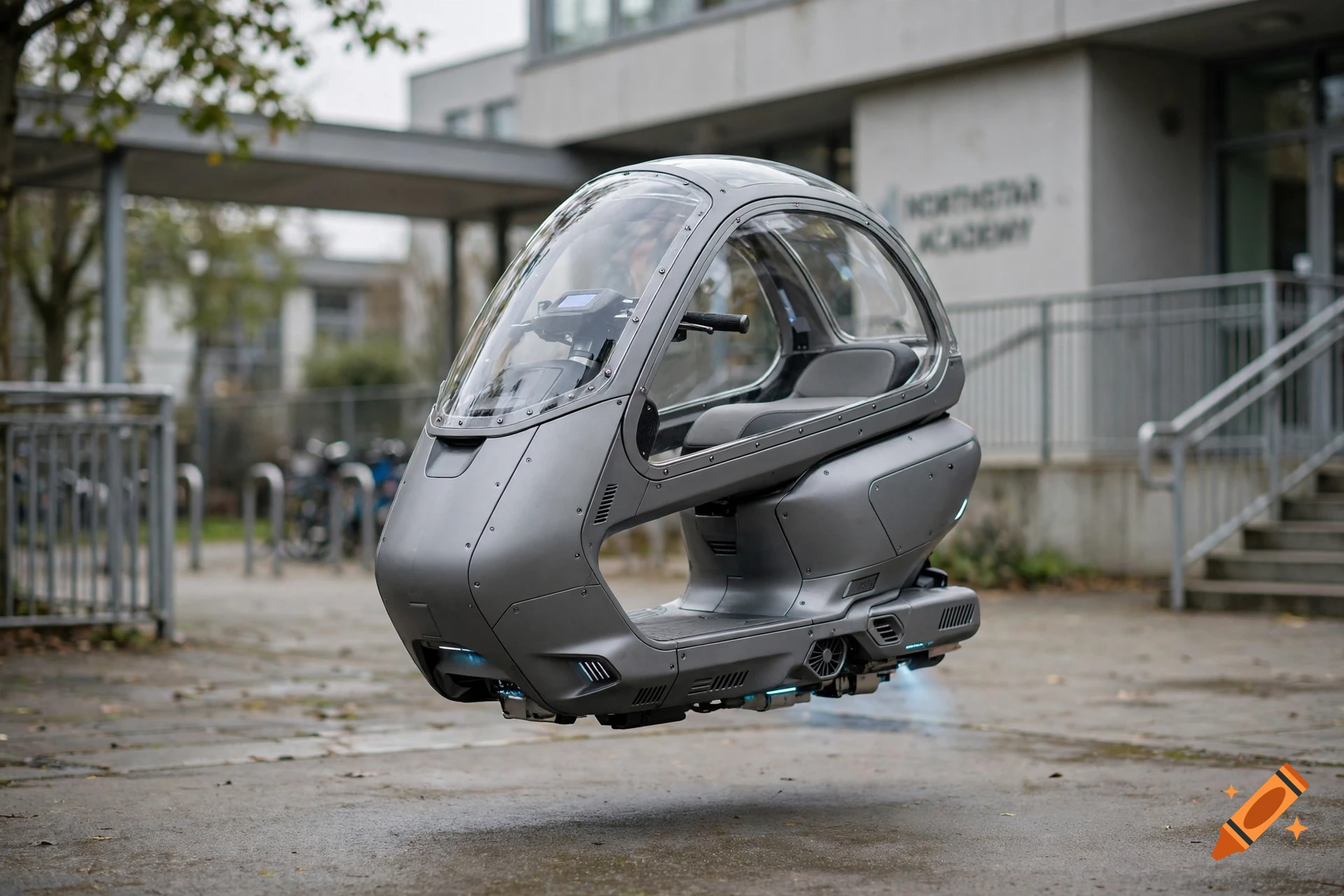 Photorealistic image of a futuristic gray flying scooter with a transparent protective dome capsule hovering outdoors.