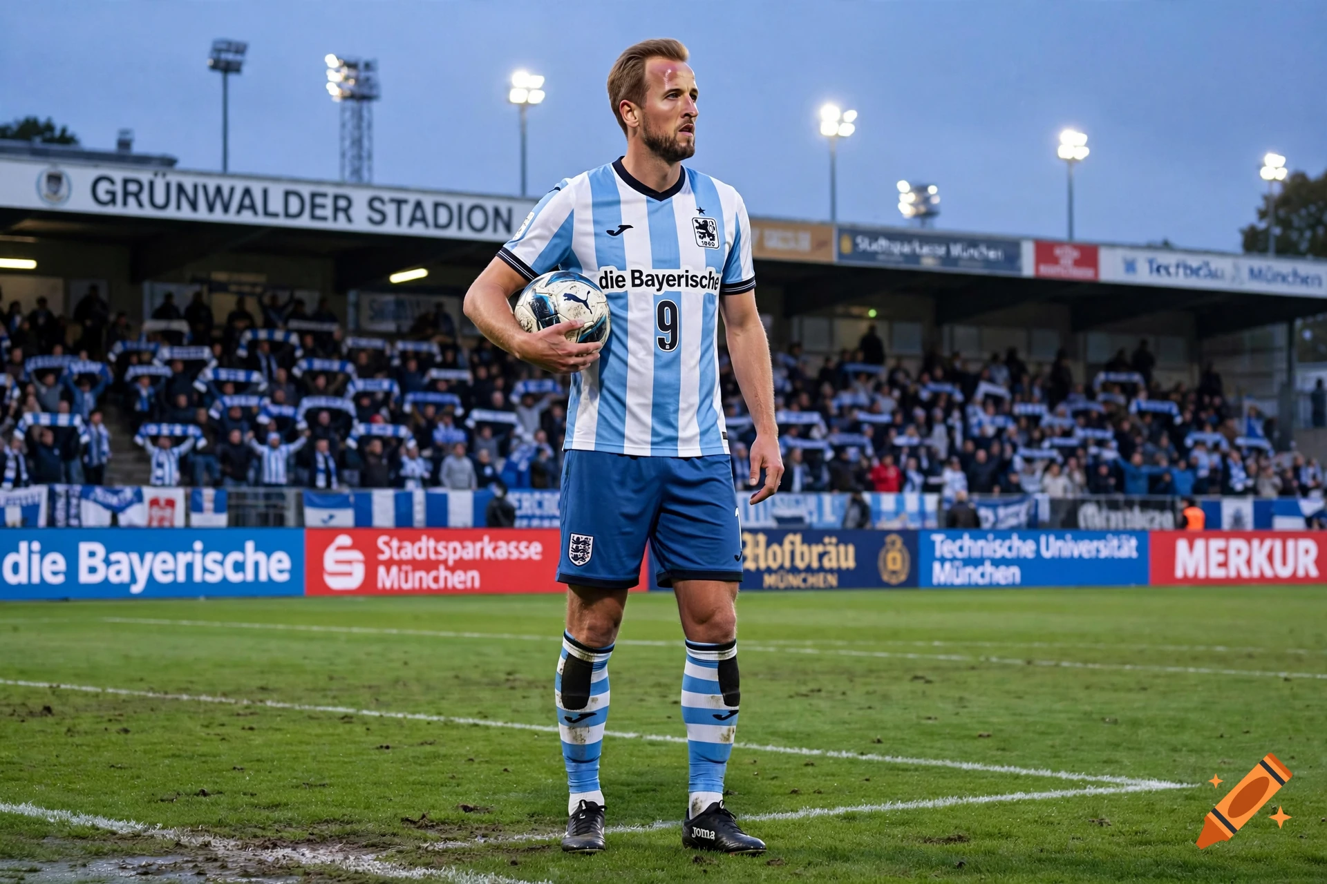 Photorealistic image of Harry Kane wearing a blue and white striped TSV 1860 München kit holding a football in a stadium.