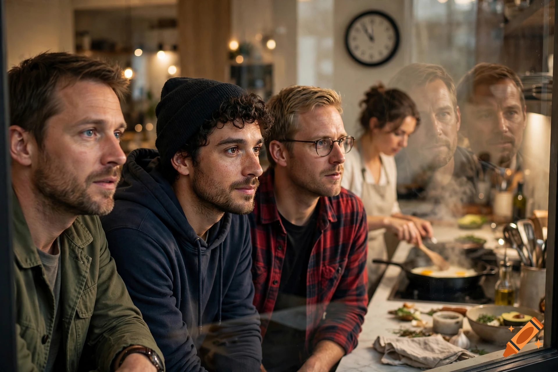 Photorealistic image of three men looking through a window at a woman cooking eggs in a kitchen.