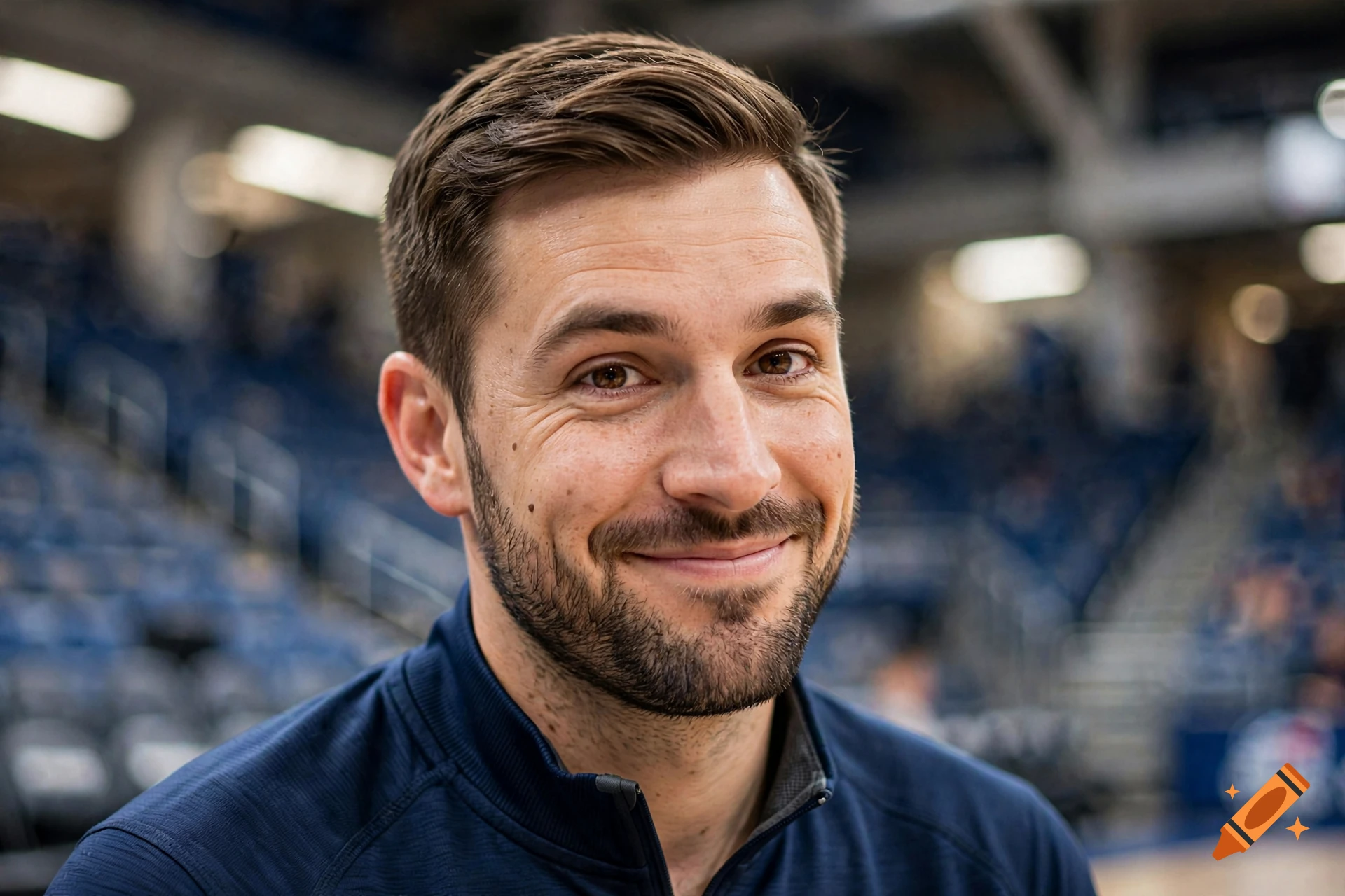 Close-up photorealistic portrait of a smiling man with a beard in a stadium setting.