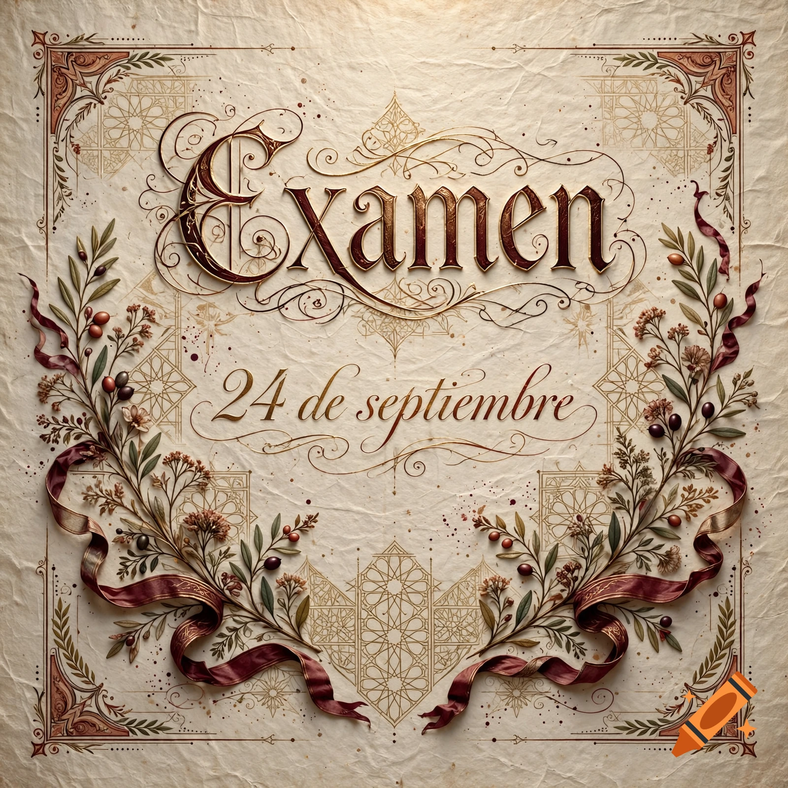 An ornate vintage document with the text Examen and 24 de septiembre in calligraphy, surrounded by floral borders and ribbons.